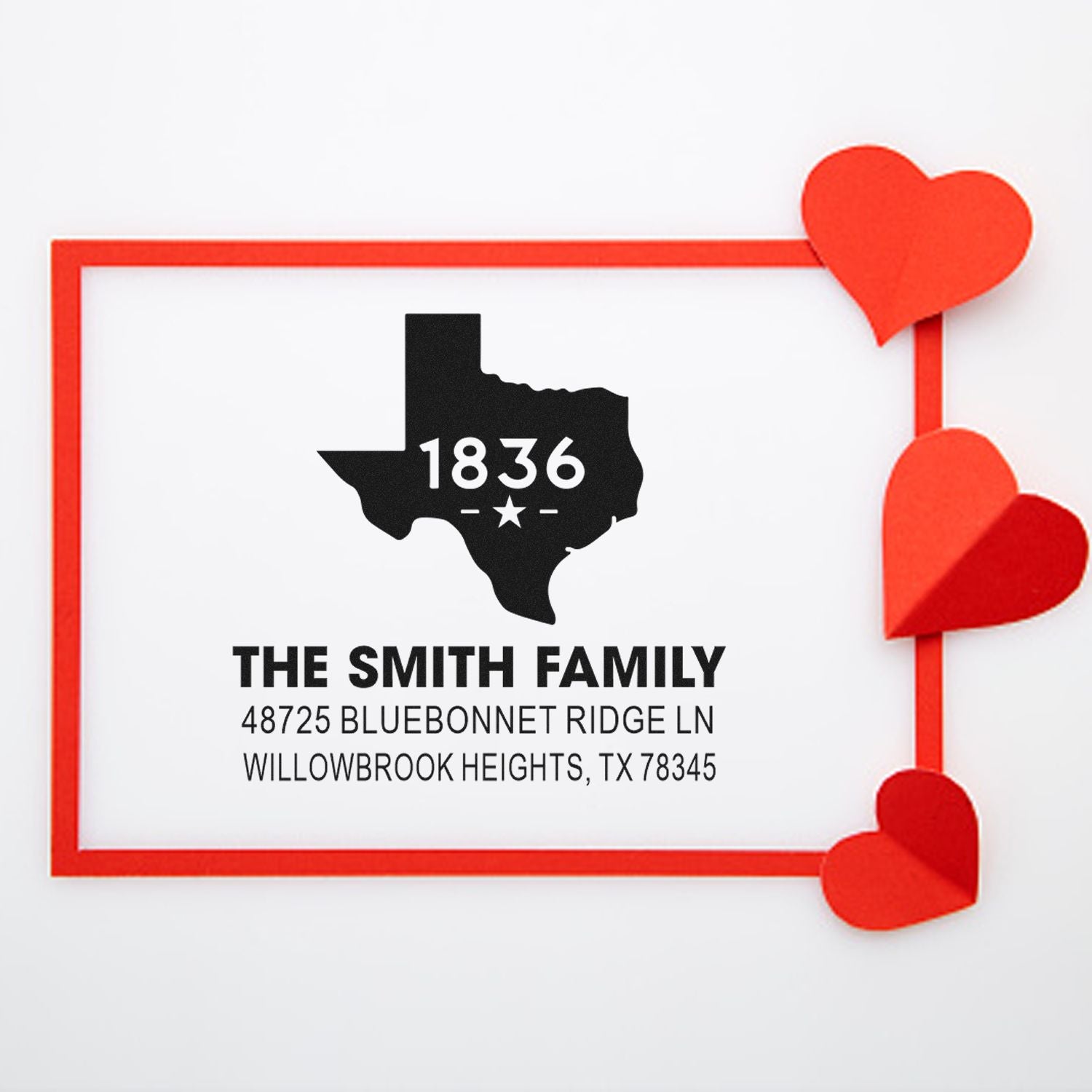 Custom Texas family return address rubber stamp with personalized name, address, and heart-themed design for mail or invitations