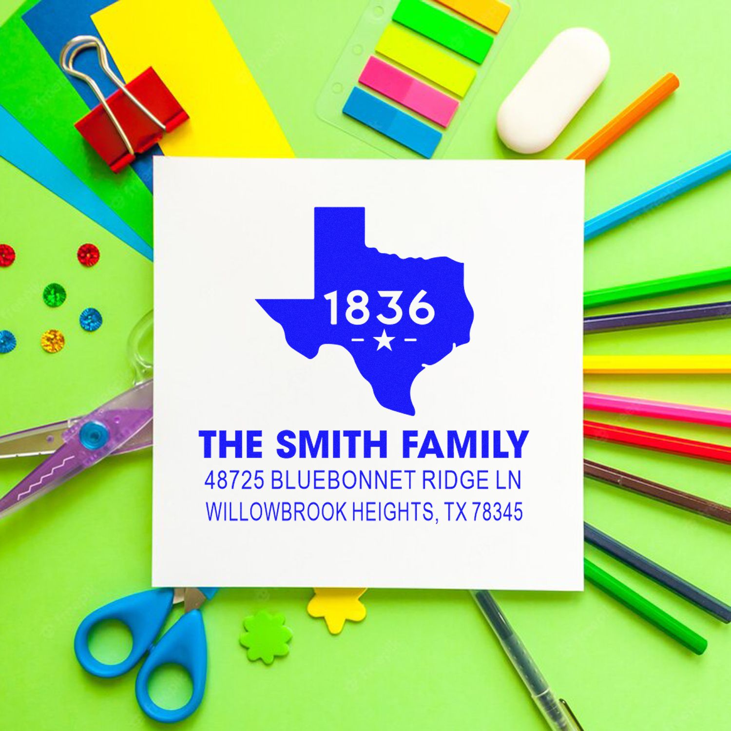 Custom Texas return address rubber stamp with family name, ZIP code, and established year for envelopes and mailings.