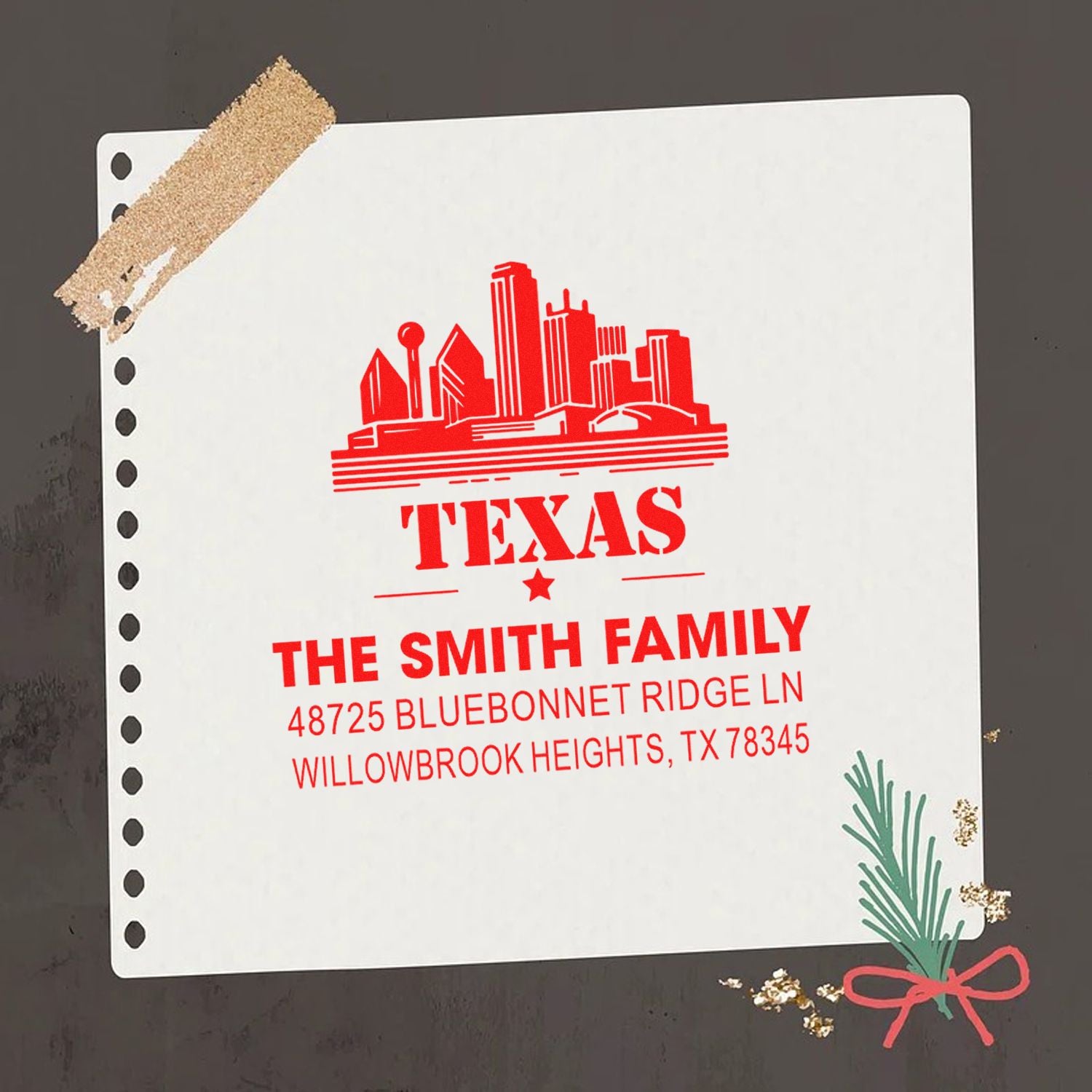 Custom Texas family address rubber stamp with skyline, The Smith Family name, and return mailing address.