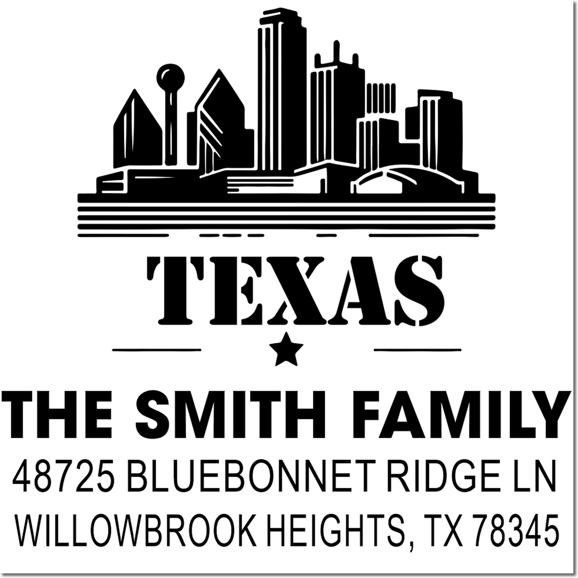 Custom Texas return address rubber stamp with skyline design for personalized family mailing