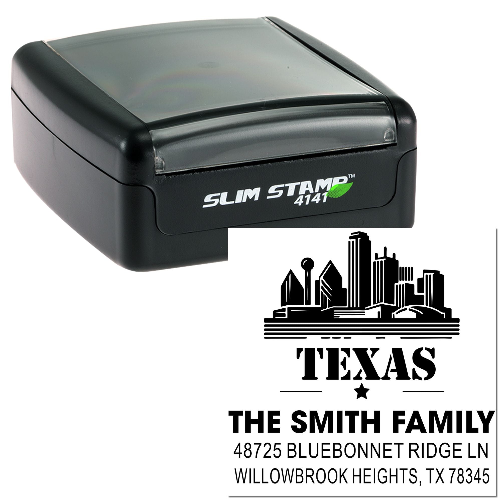 Self-inking Texas return address rubber stamp with skyline design for personalized family envelopes and mail.