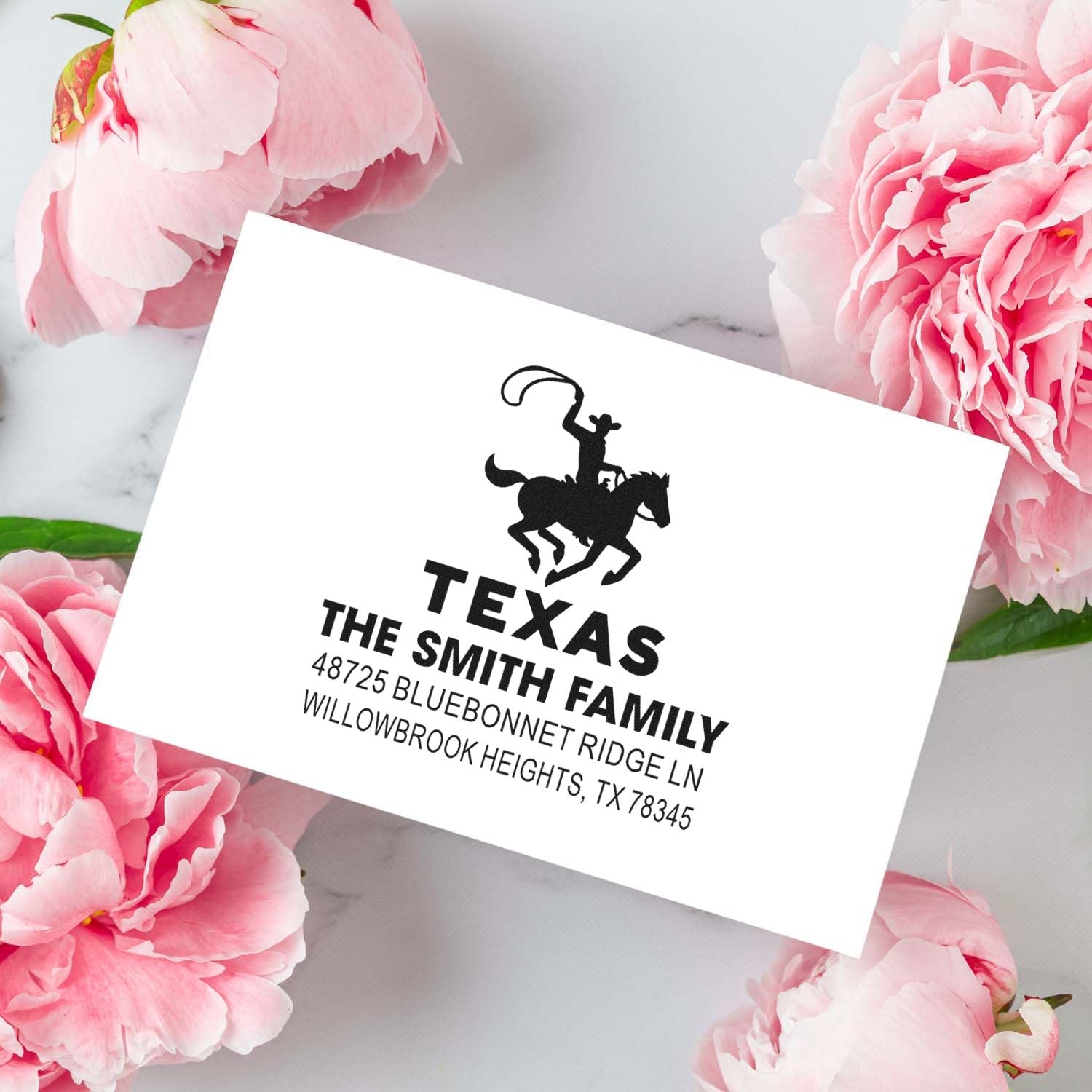 Custom Texas family return address rubber stamp with cowboy horse logo for envelopes and mailing.