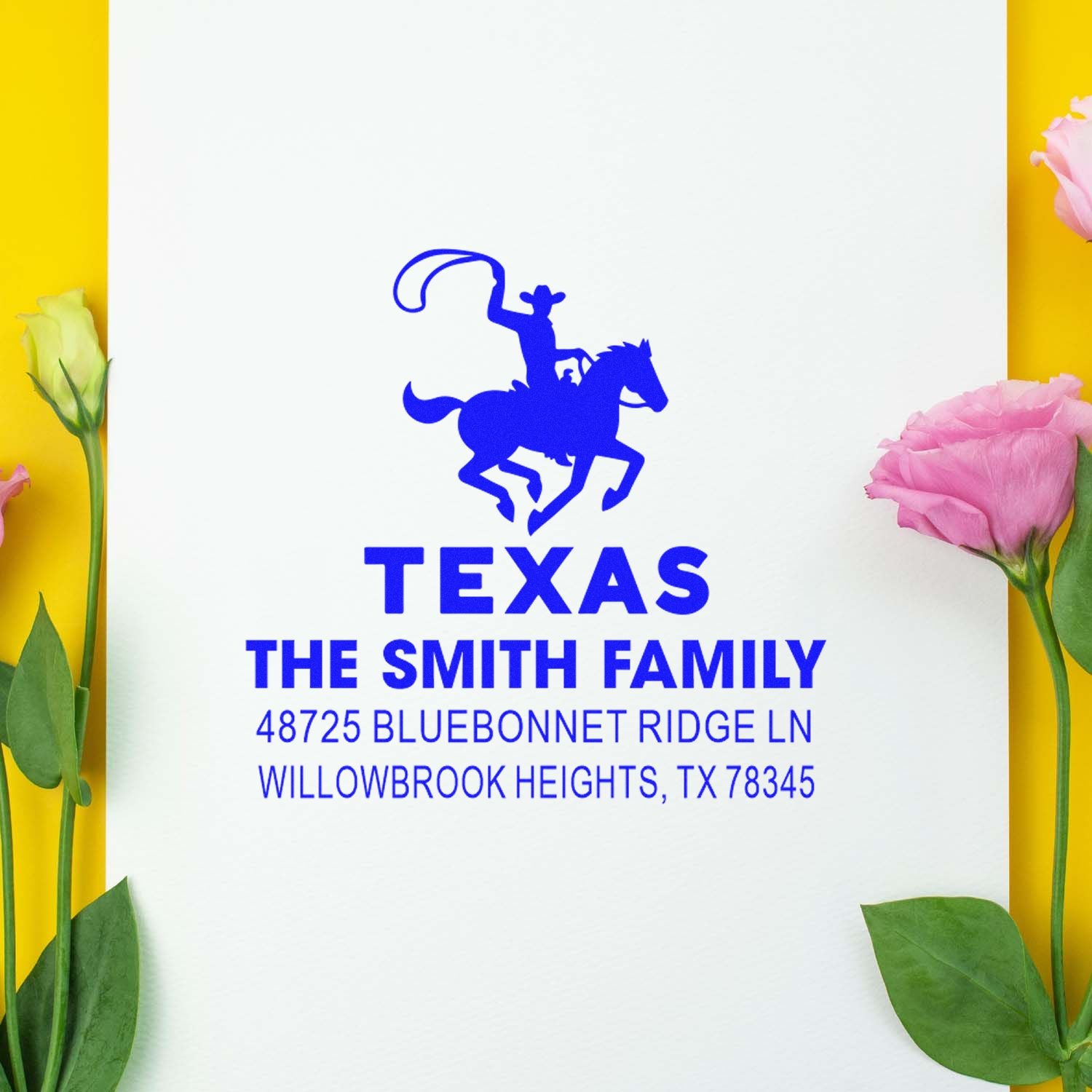 Custom Texas address rubber stamp with cowboy rider logo for The Smith Family, Willowbrook Heights, TX.