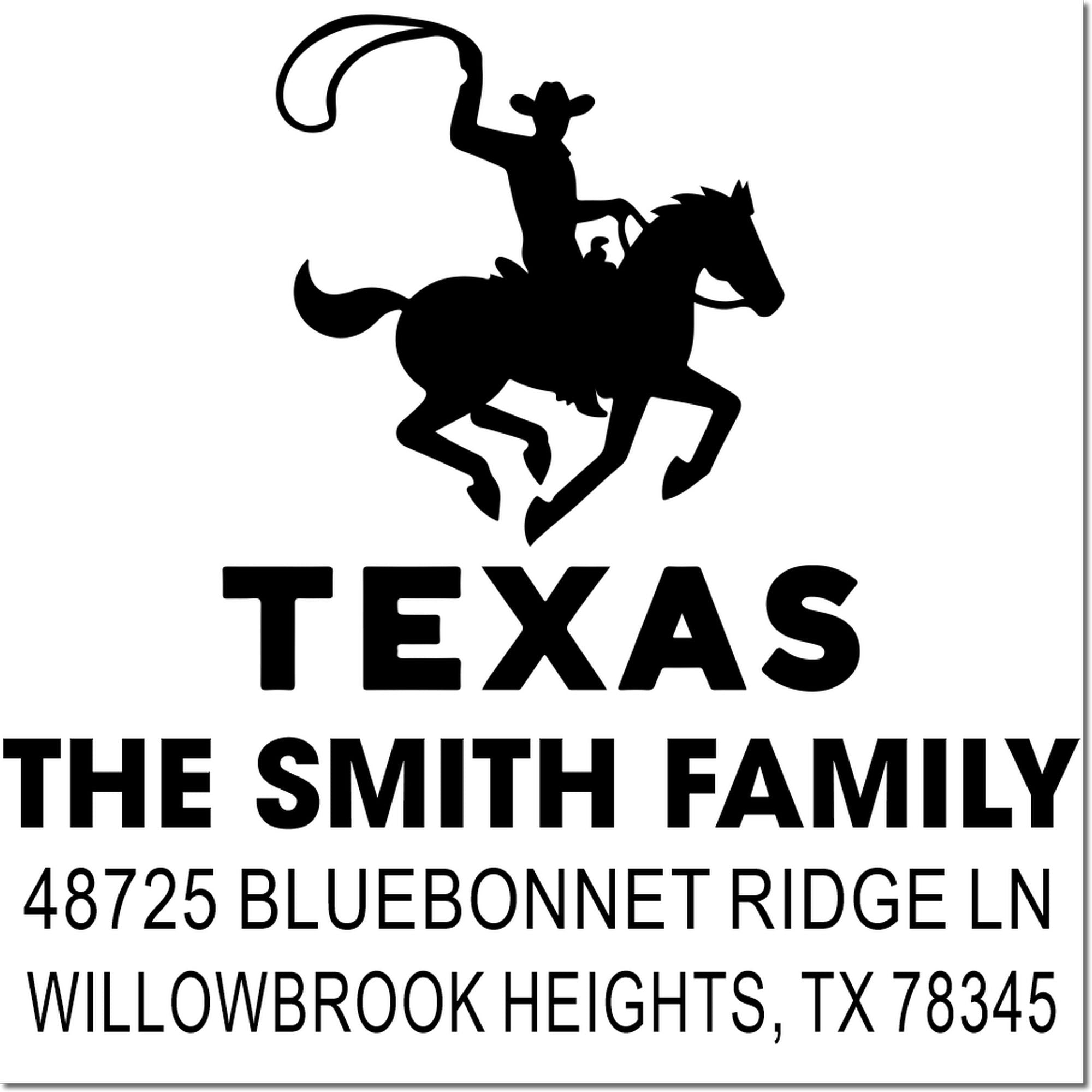Custom Texas family address rubber stamp with cowboy on horse design, The Smith Family, Willowbrook Heights TX 78345