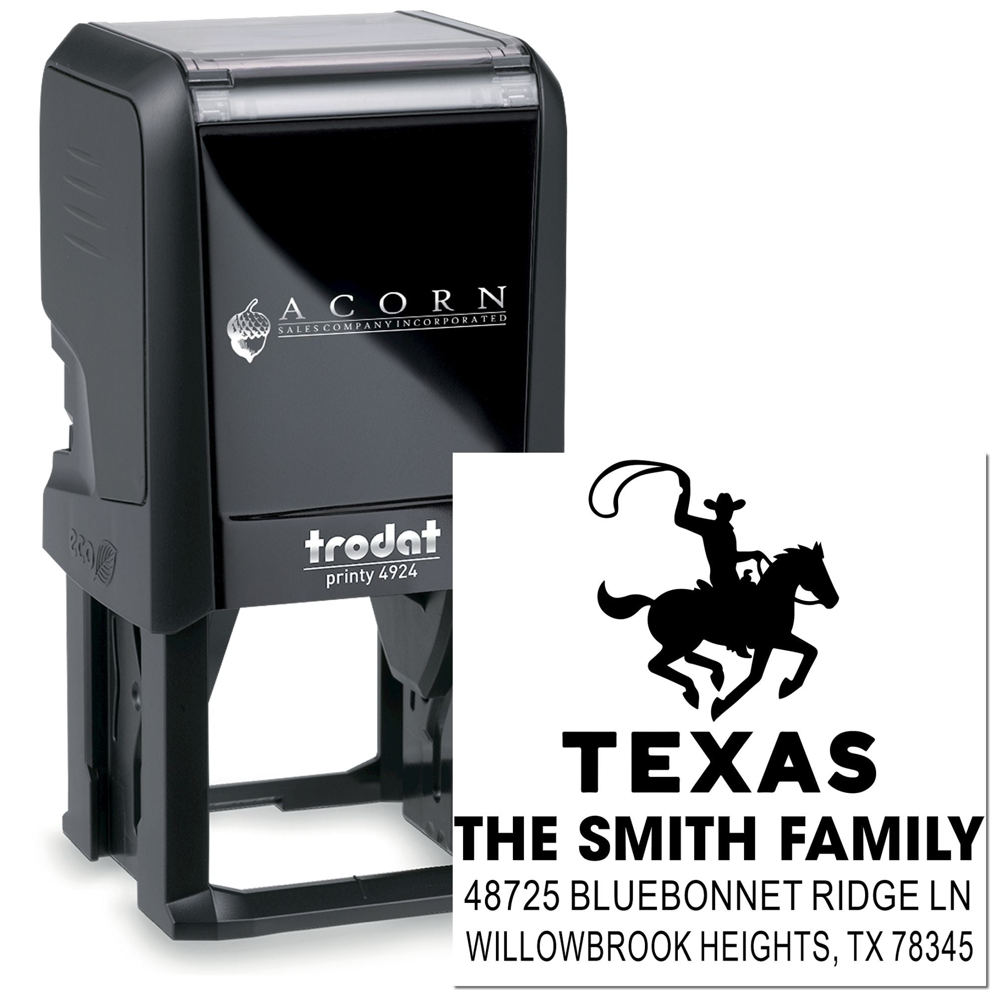 Custom self-inking Trodat Printy 4924 rubber stamp with Texas family address design and horse rider logo