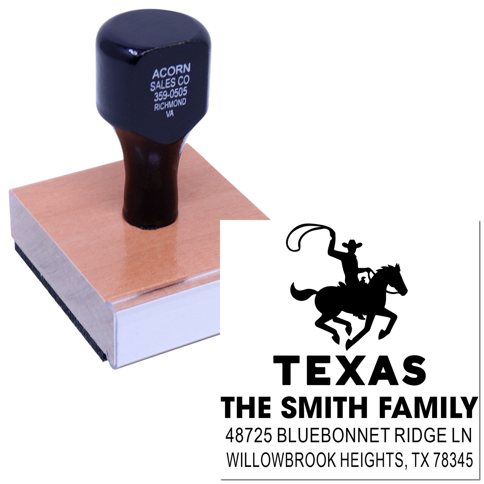 Custom Texas family return address rubber stamp with cowboy horse design and personalized address for mailing and stationery