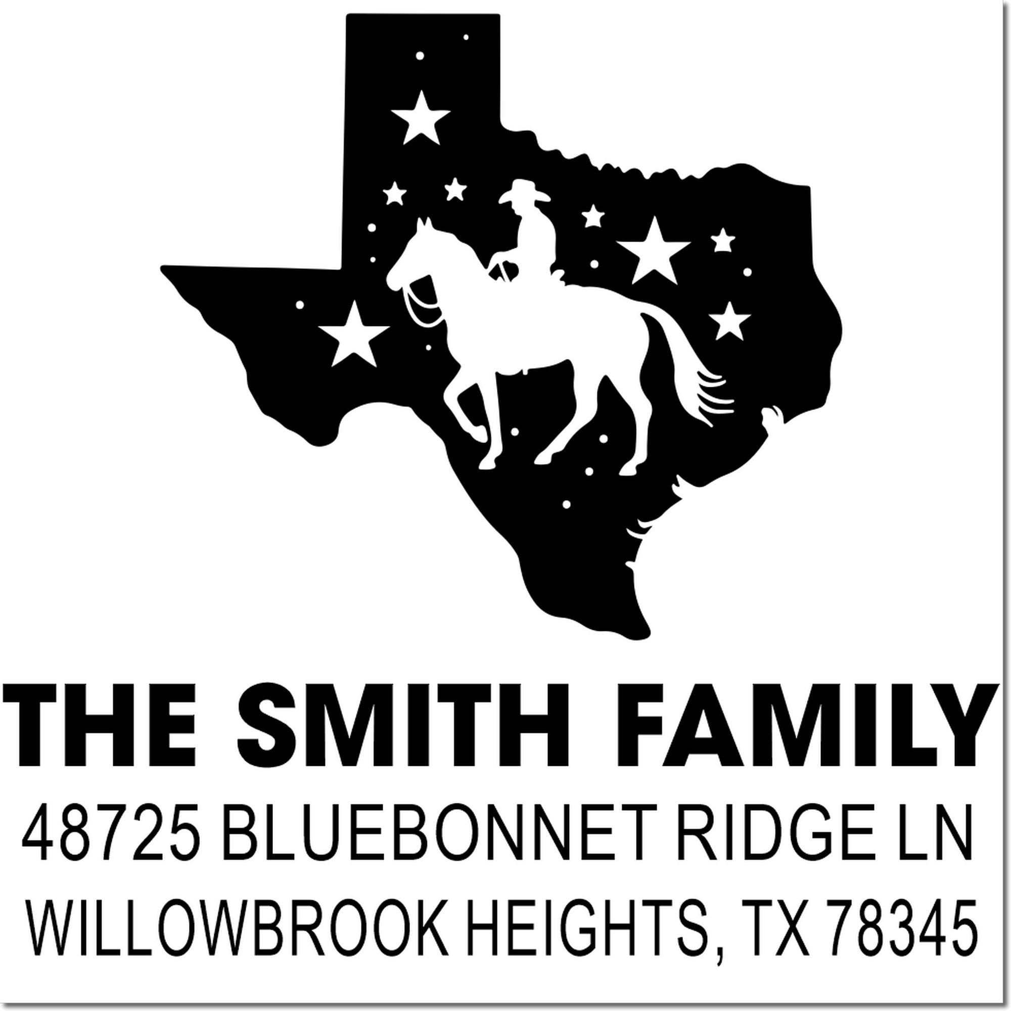 Custom Texas address rubber stamp with cowboy silhouette and stars for The Smith Family, Willowbrook Heights, TX 78345