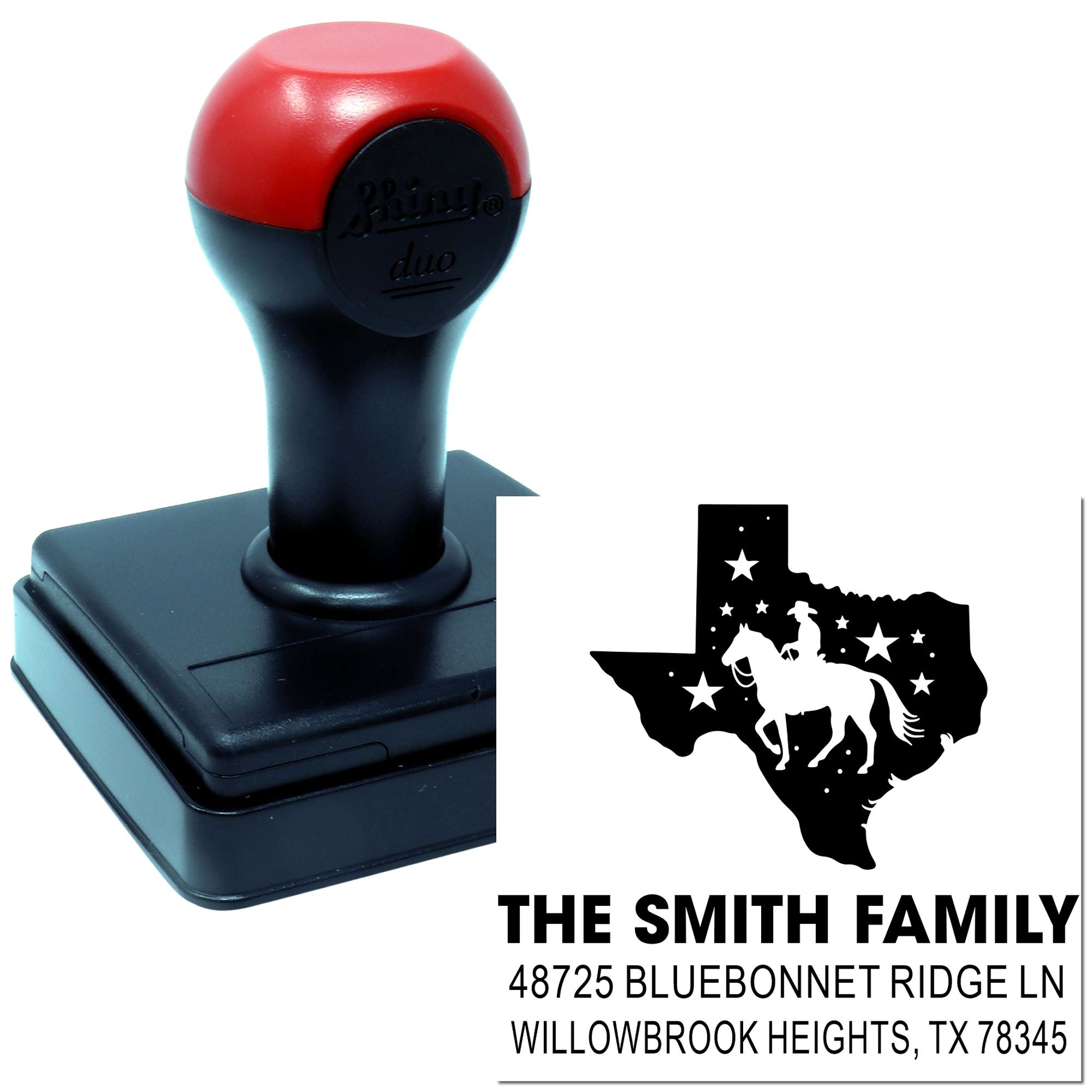 Custom self-inking Texas address rubber stamp with family name, return address, cowboy silhouette, and stars design.
