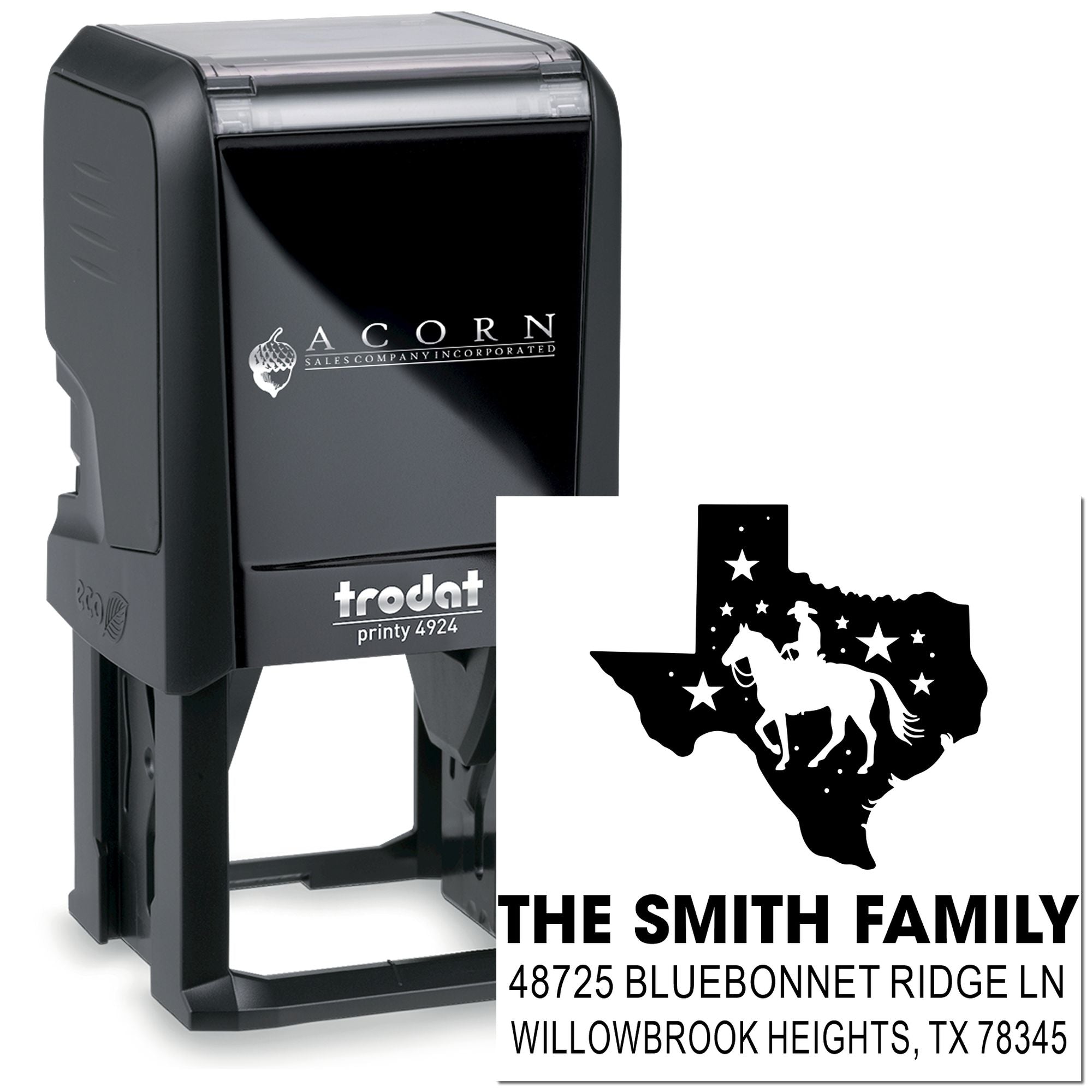 Custom self-inking rubber stamp with Texas cowboy family return address design for mailing labels.