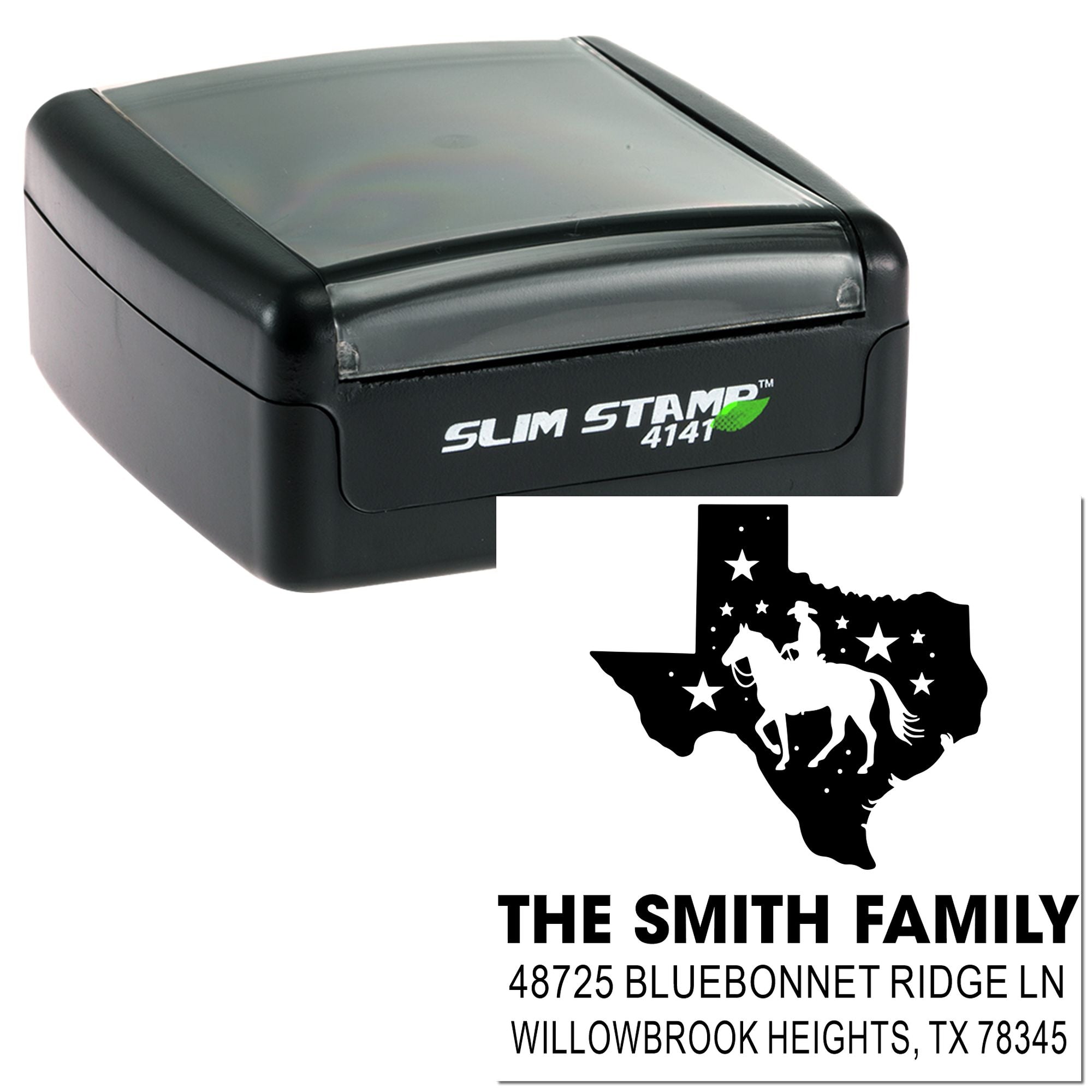 Custom self-inking Texas return address rubber stamp with Slim Stamp 4141 case and western horse family design