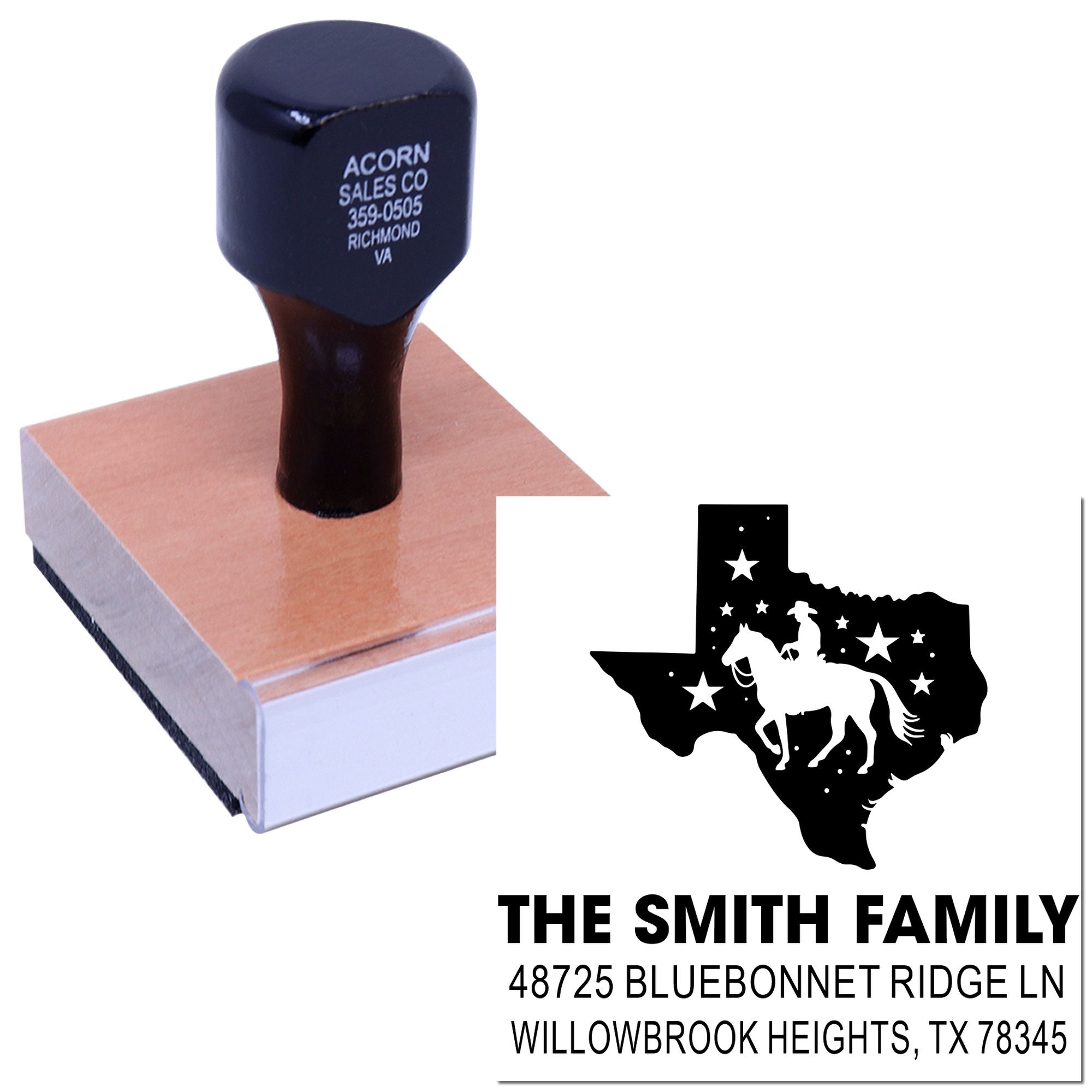 Custom rubber address stamp for Texas family with cowboy silhouette and personalized name and mailing address.