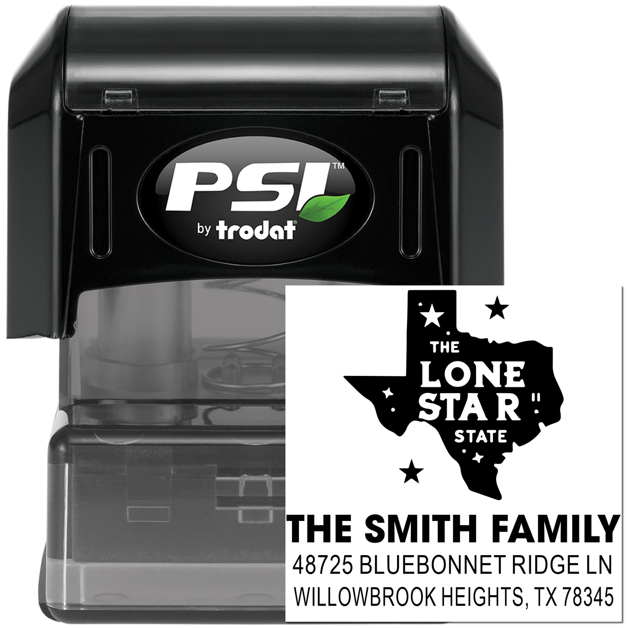 PSI by Trodat custom Texas address stamp with Lone Star State family design, self-inking rubber stamp.