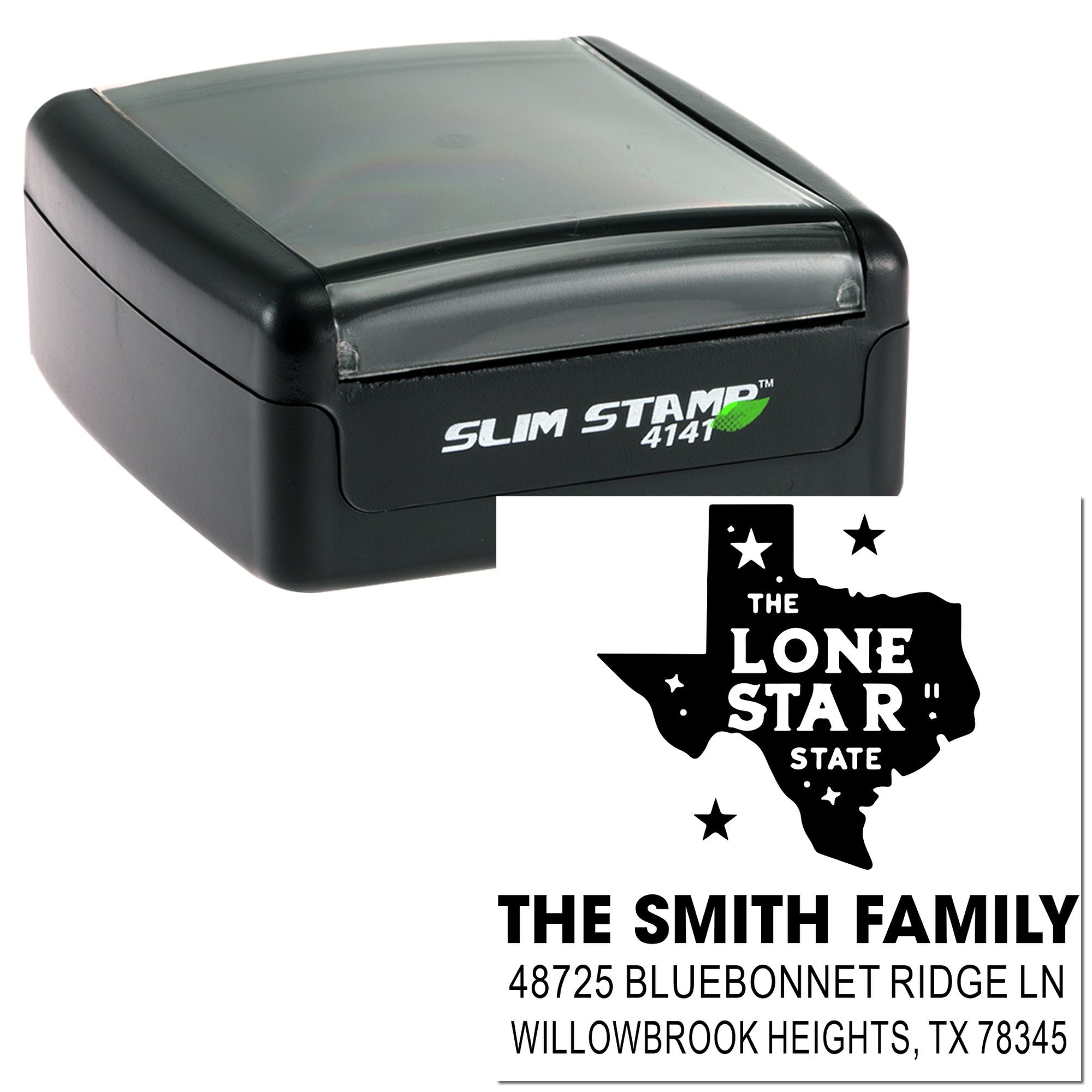 Lone Star Texas Emblem Personalized 3-Line Rubber Pre-Inked Stamp