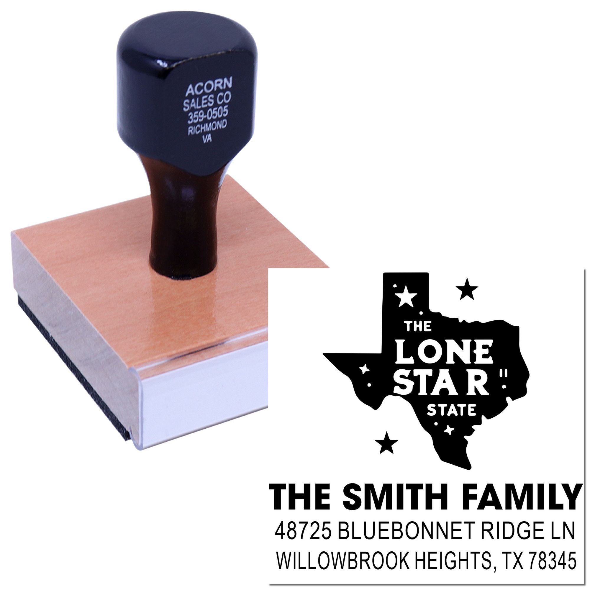 Personalized Texas Lone Star State family address rubber stamp with custom name and address