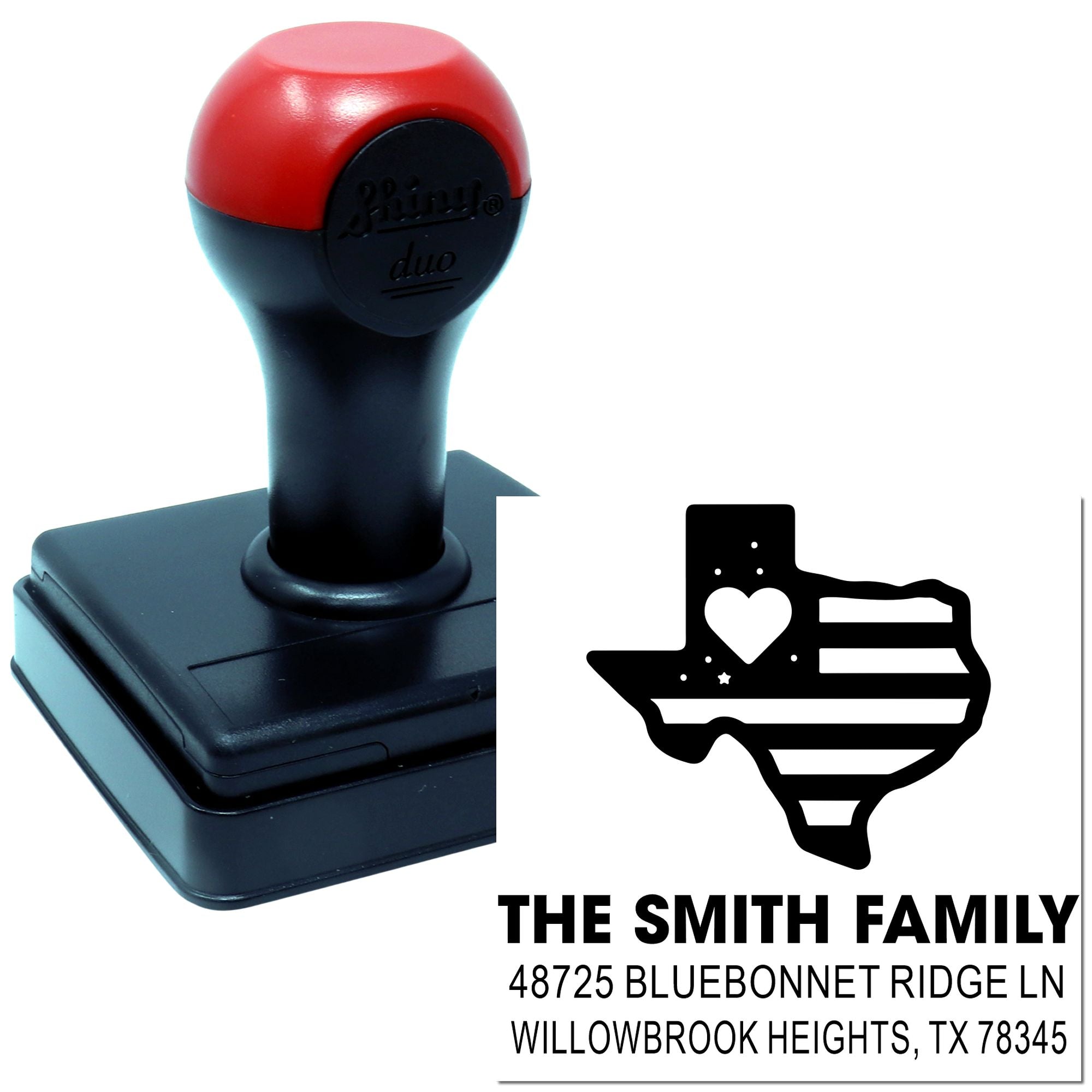 Custom self-inking Texas family address rubber stamp with return address