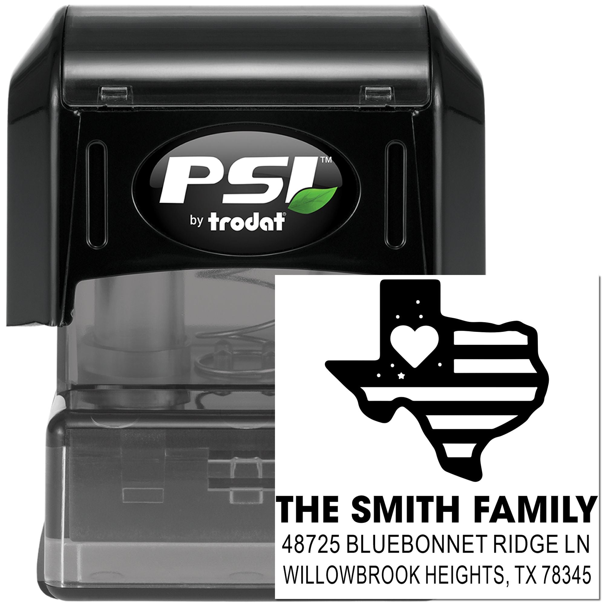 PSI by Trodat self-inking rubber stamp with custom Texas return address design for The Smith Family.