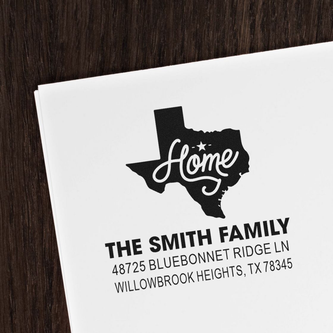 Custom Texas home return address rubber stamp for The Smith Family with personalized name and mailing address.