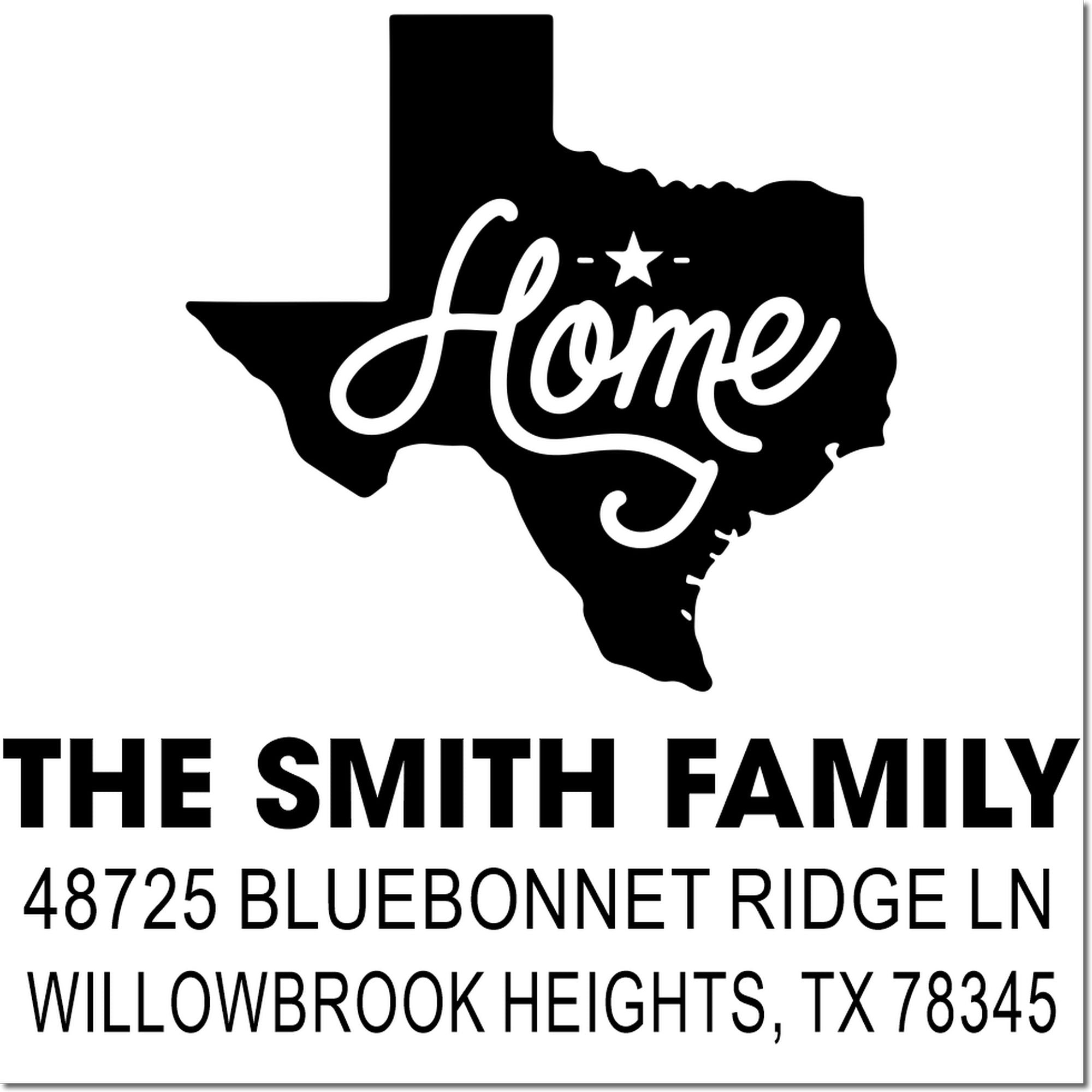Custom Texas home address rubber stamp for The Smith Family, 48725 Bluebonnet Ridge Ln, Willowbrook Heights, TX 78345.