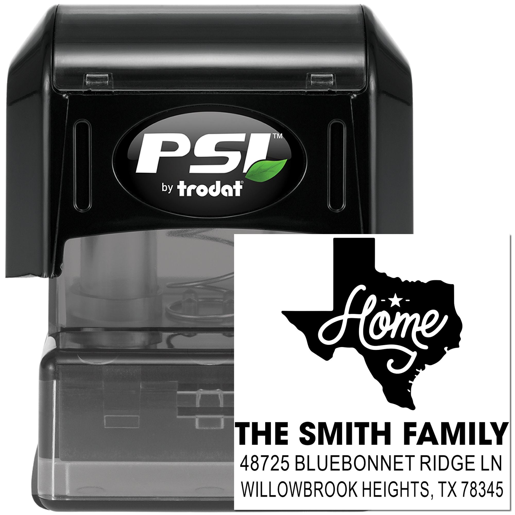 PSI by Trodat custom self-inking rubber address stamp with Texas home design for The Smith Family mailing labels.
