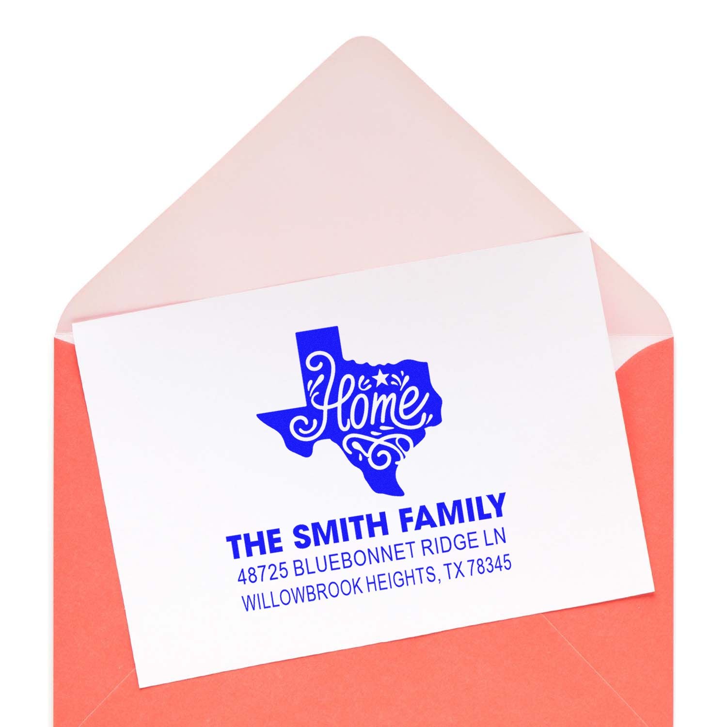 Custom return address rubber stamp with Texas home design on envelope for The Smith Family.