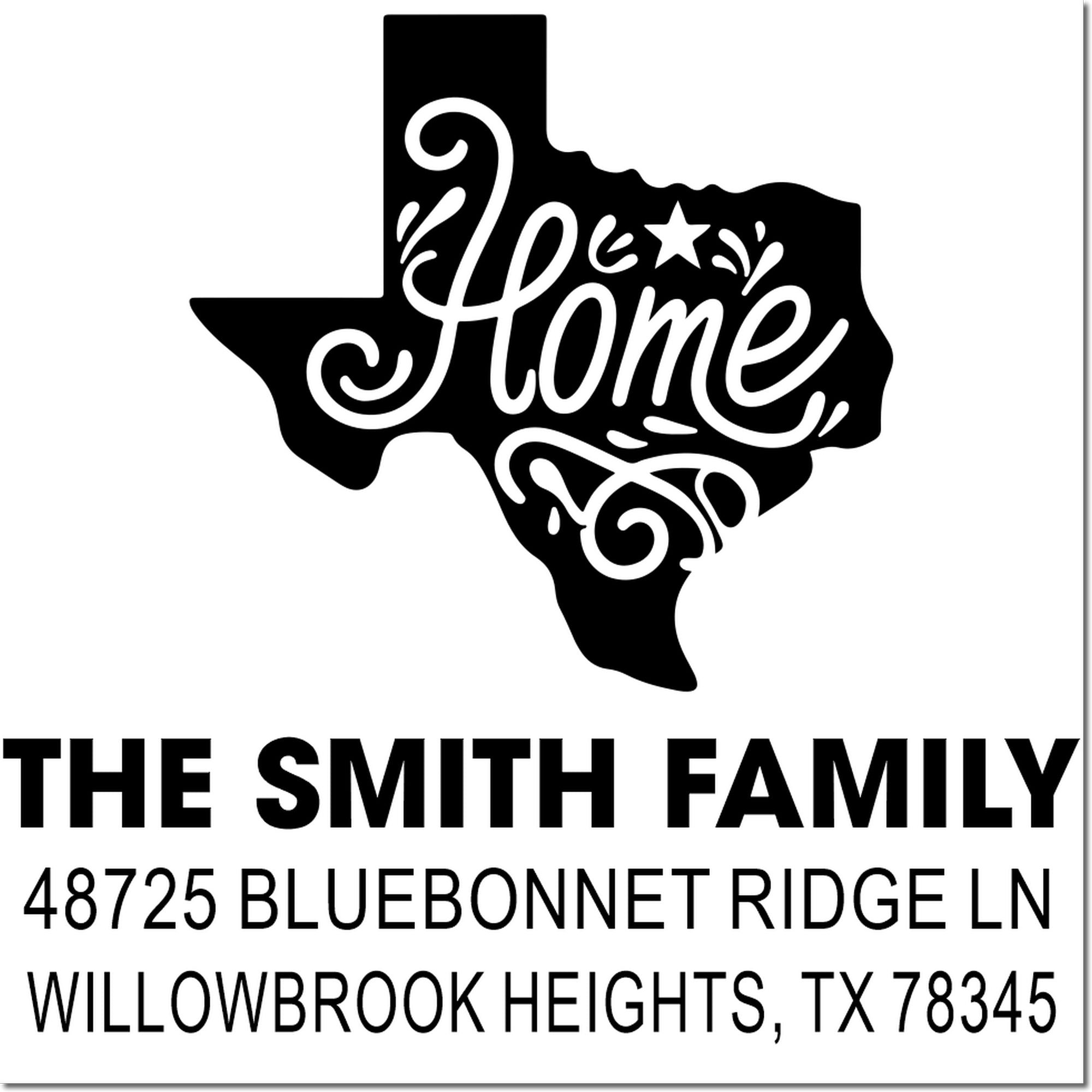 Custom Texas return address rubber stamp for The Smith Family, Willowbrook Heights, TX