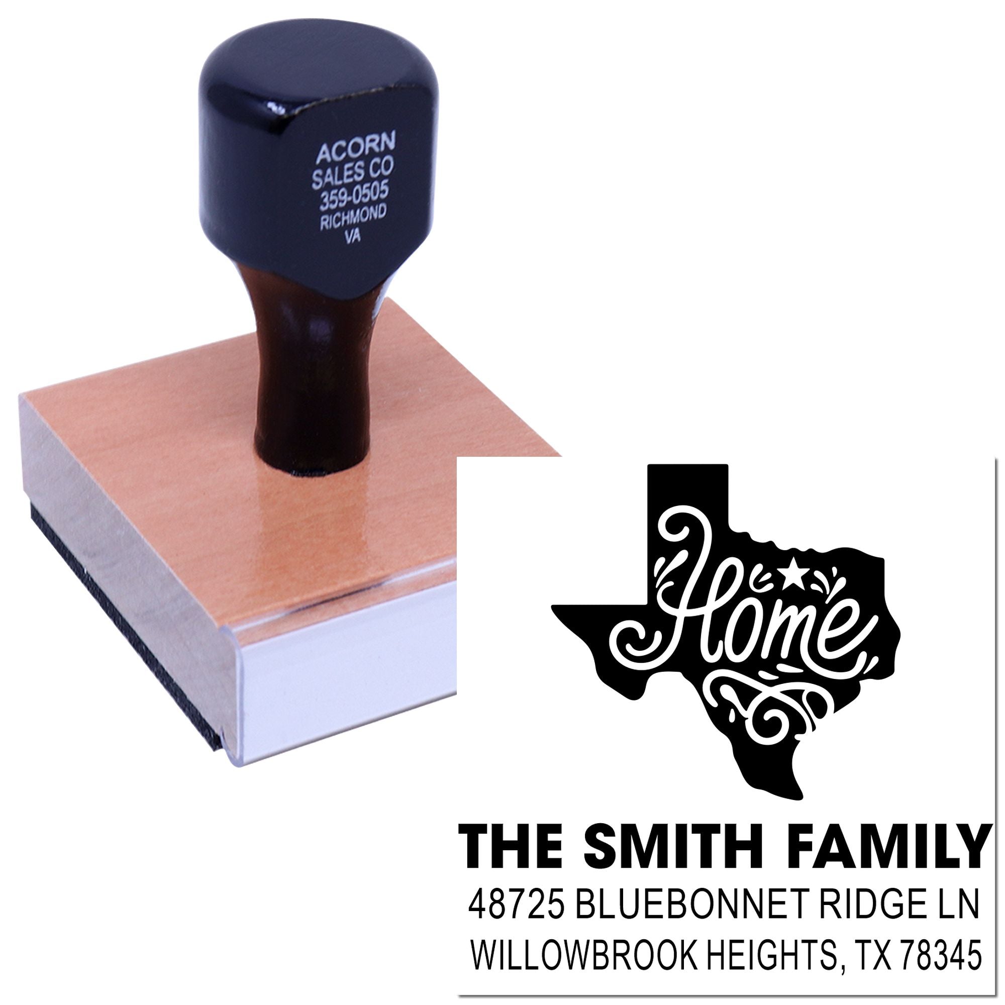 Custom Texas home address rubber stamp with family name and address imprint design