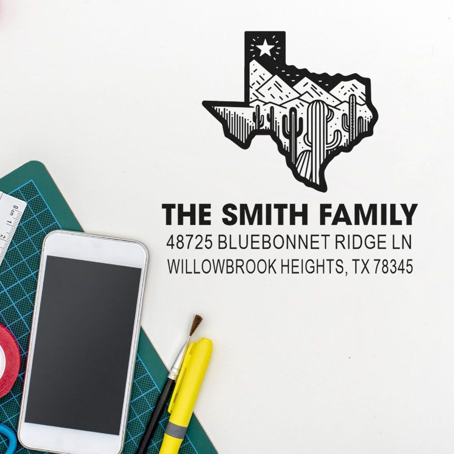 Custom Texas family return address rubber stamp with cactus design for personalized mail and home labeling.