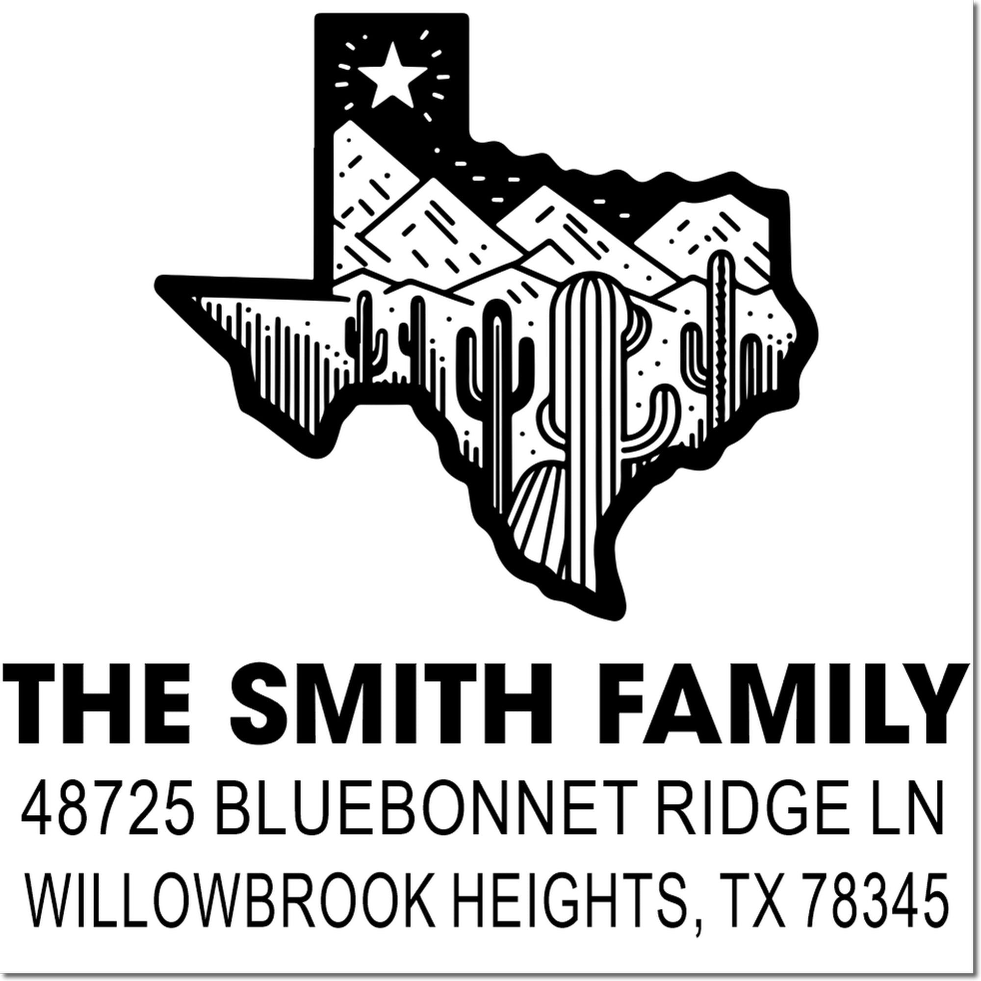 Custom Texas return address rubber stamp featuring desert landscape, family name, and address for personalized mail.