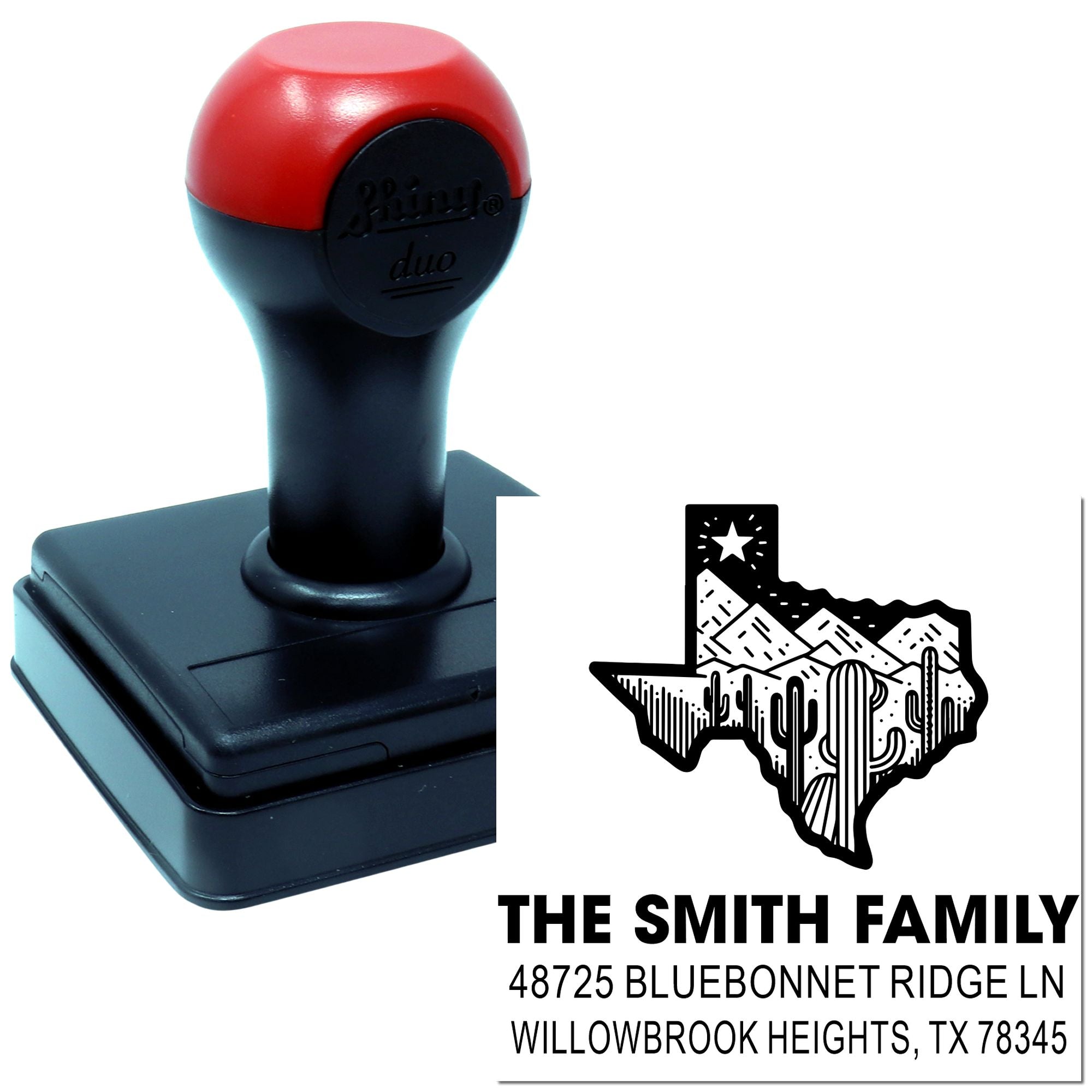 Personalized self-inking rubber stamp with Texas family return address and custom address design