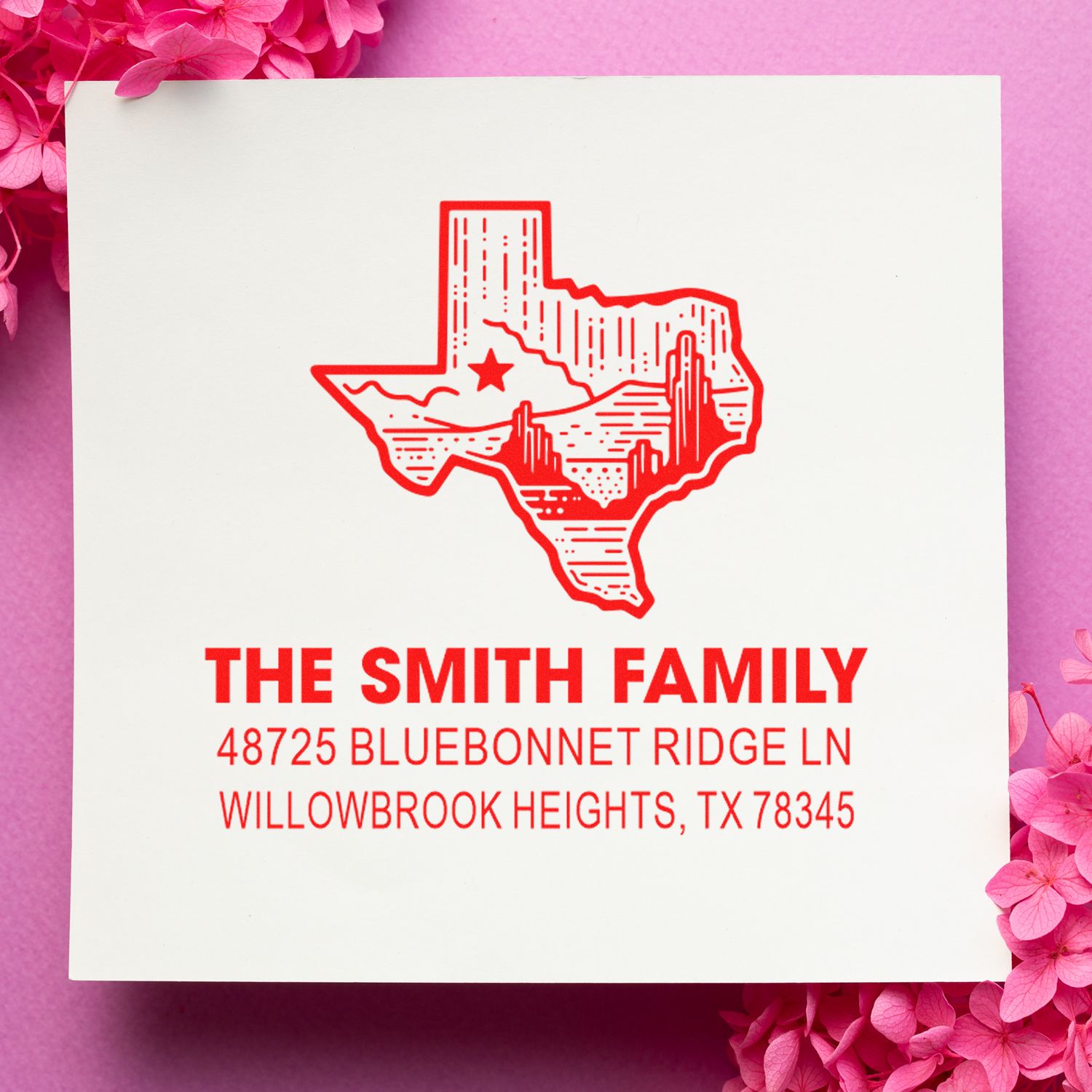 Custom Texas return address rubber stamp for the Smith family, featuring state outline and personalized home address.