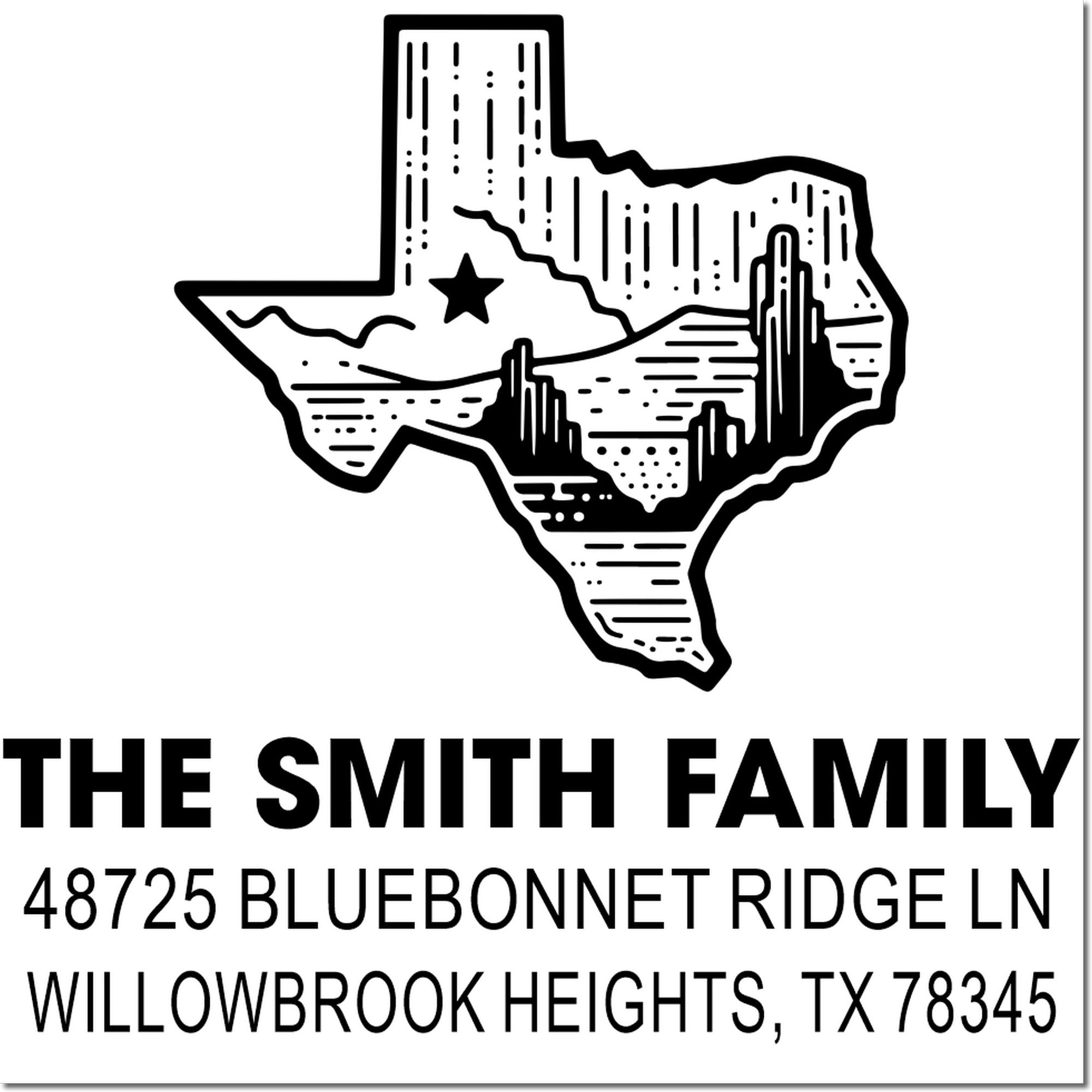 Custom Texas return address rubber stamp with family name and Willowbrook Heights, TX mailing address for envelopes and cards.
