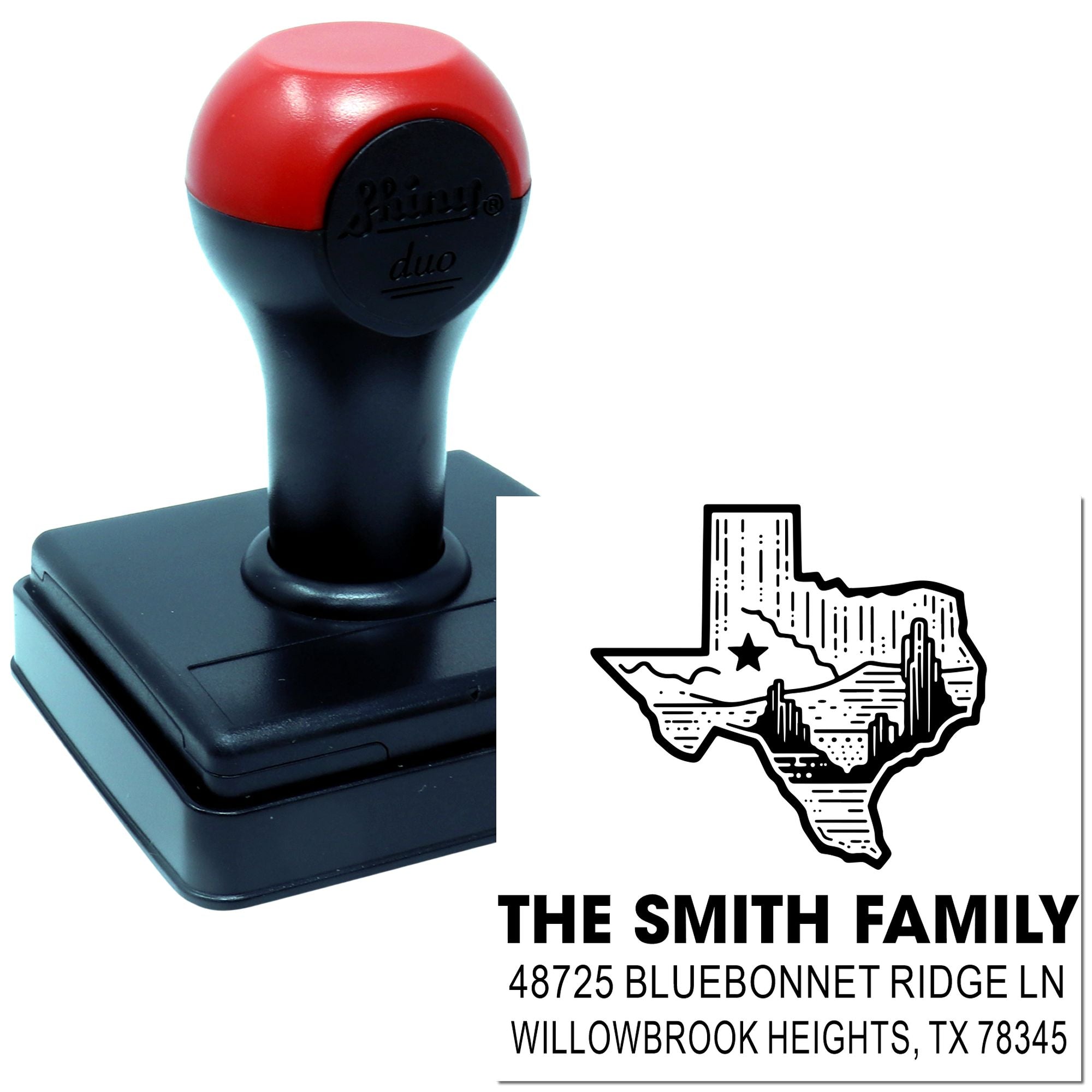 Custom self-inking Texas return address rubber stamp with family name for envelopes, labels, and mailing.