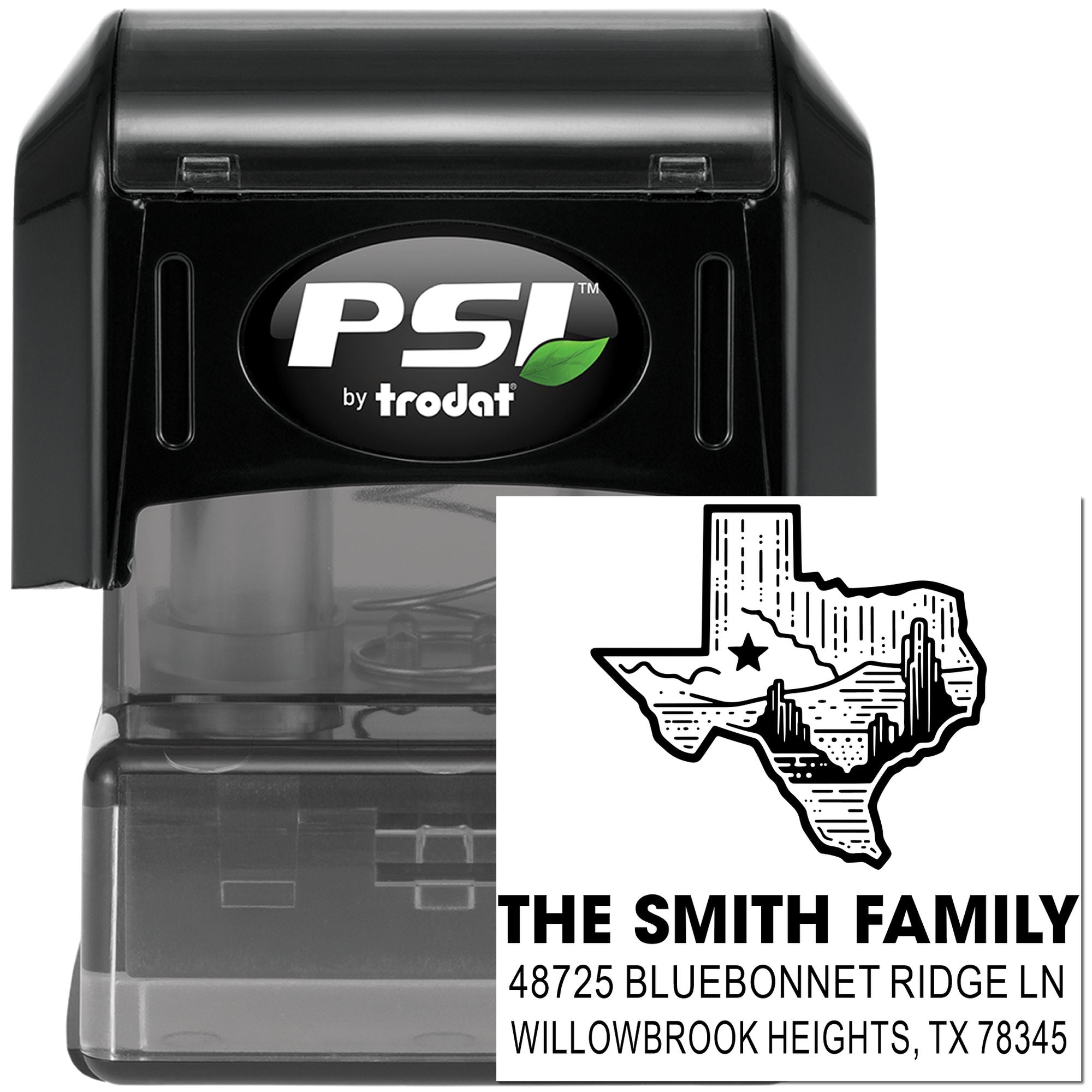 Custom PSI by Trodat rubber stamp with Texas family return address design for mailing labels and home address imprinting.