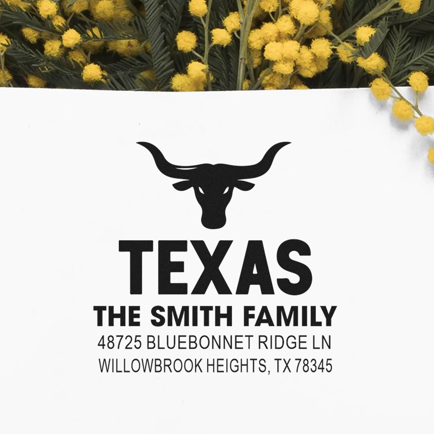Custom Texas longhorn family return address rubber stamp for The Smith Family, Willowbrook Heights, TX.