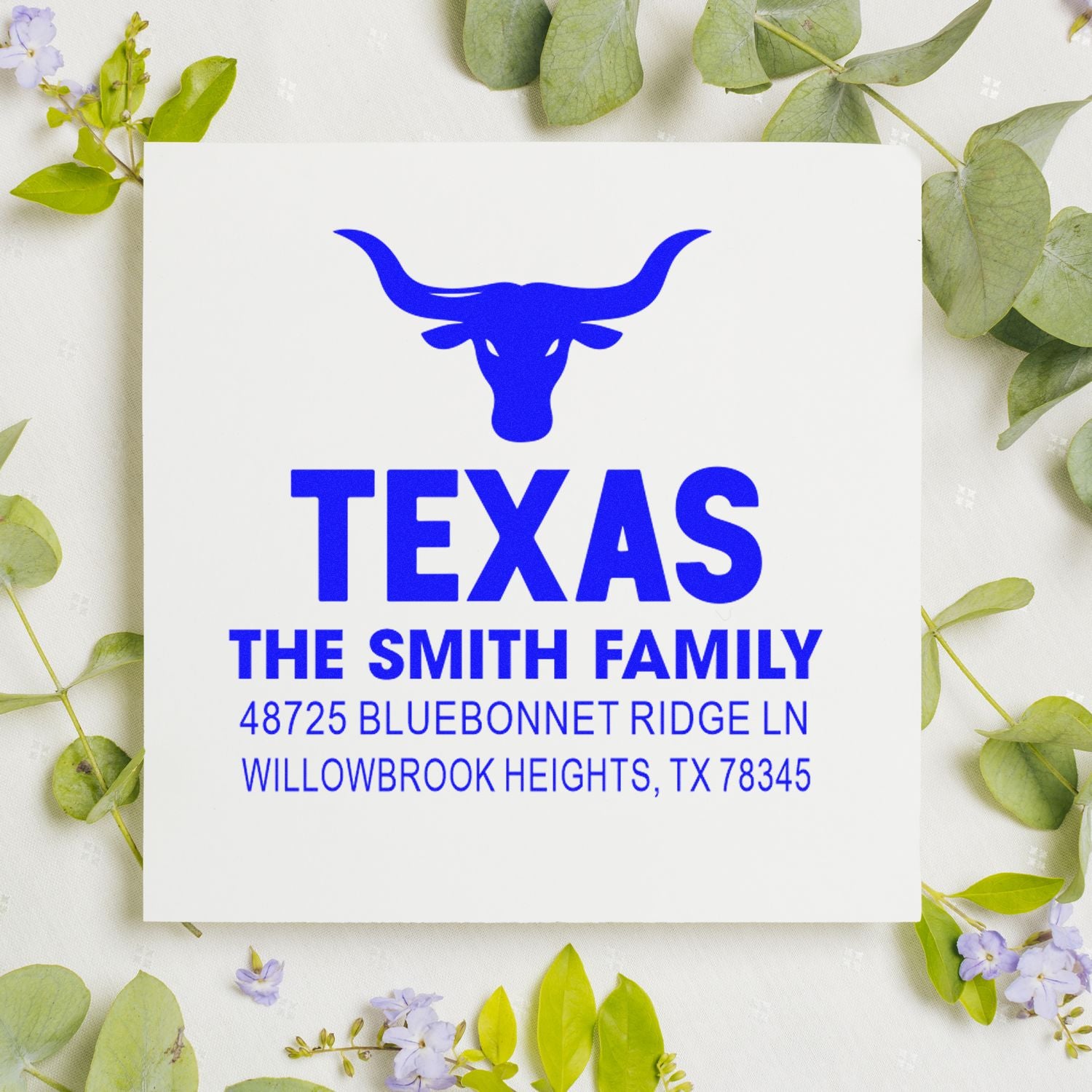 Custom Texas longhorn return address rubber stamp for The Smith Family, Willowbrook Heights, TX, with name and address layout