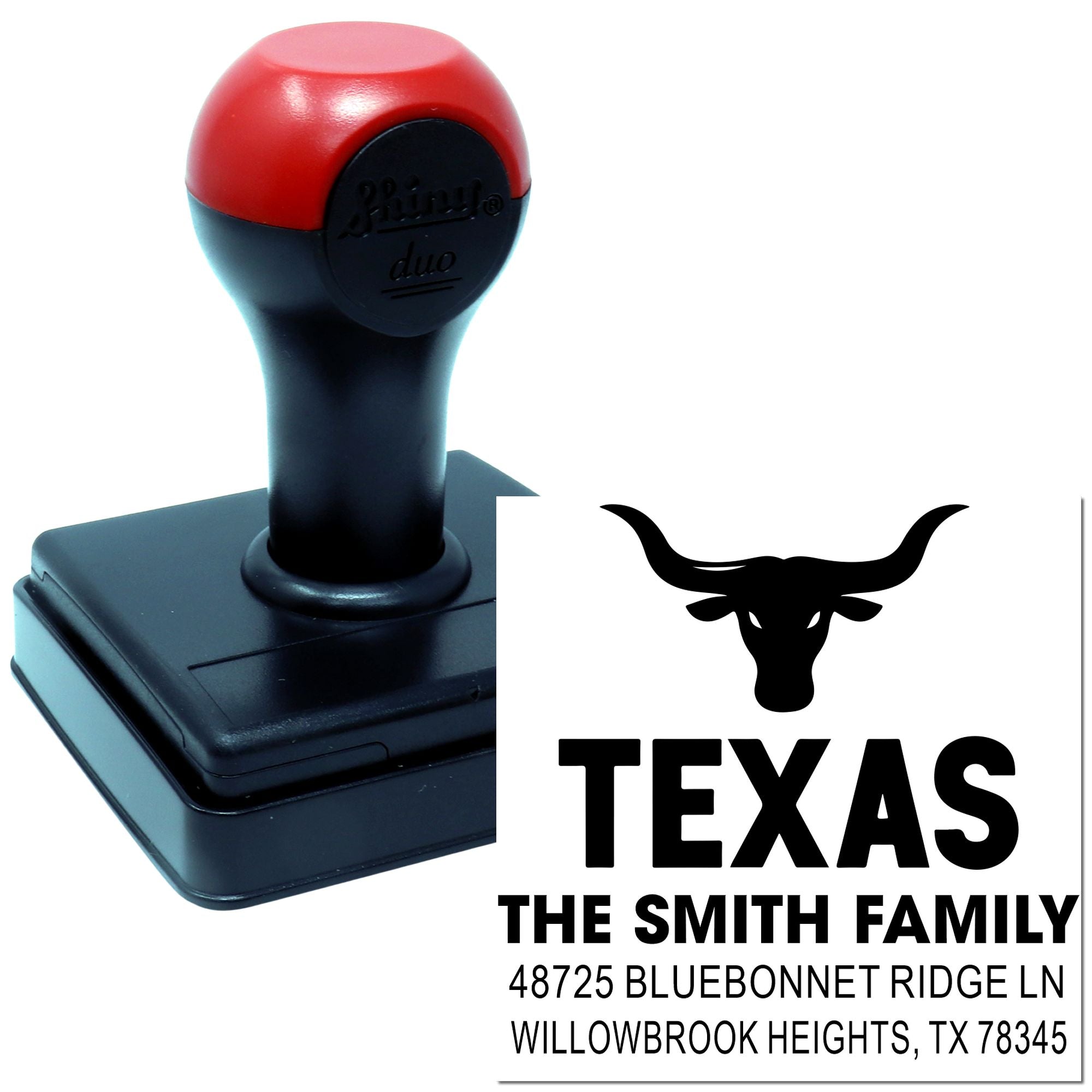 Custom Texas family self-inking rubber stamp with longhorn logo and address for The Smith Family, Willowbrook Heights, TX.