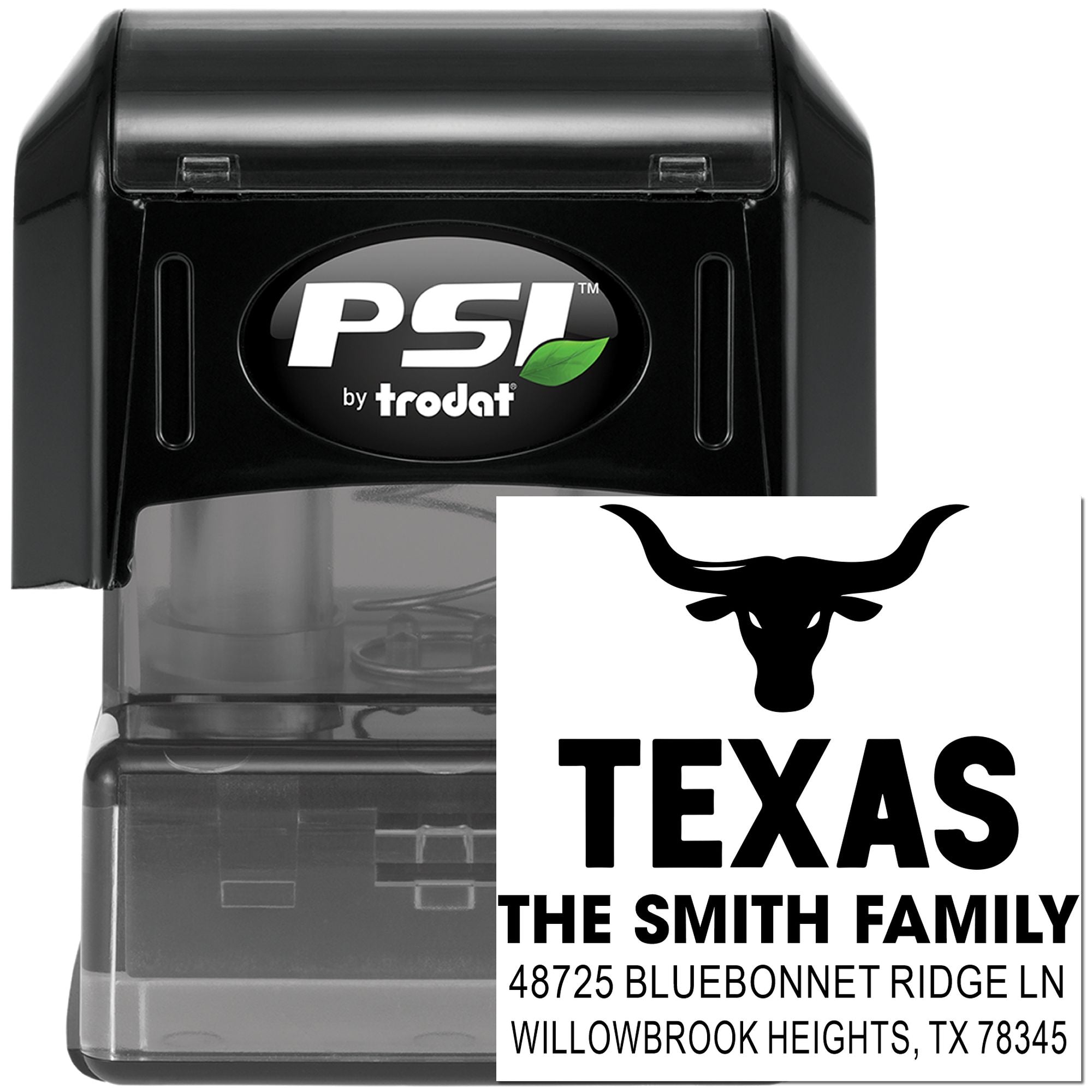 Custom Texas return address rubber stamp with longhorn design, The Smith Family, and Willowbrook Heights address.