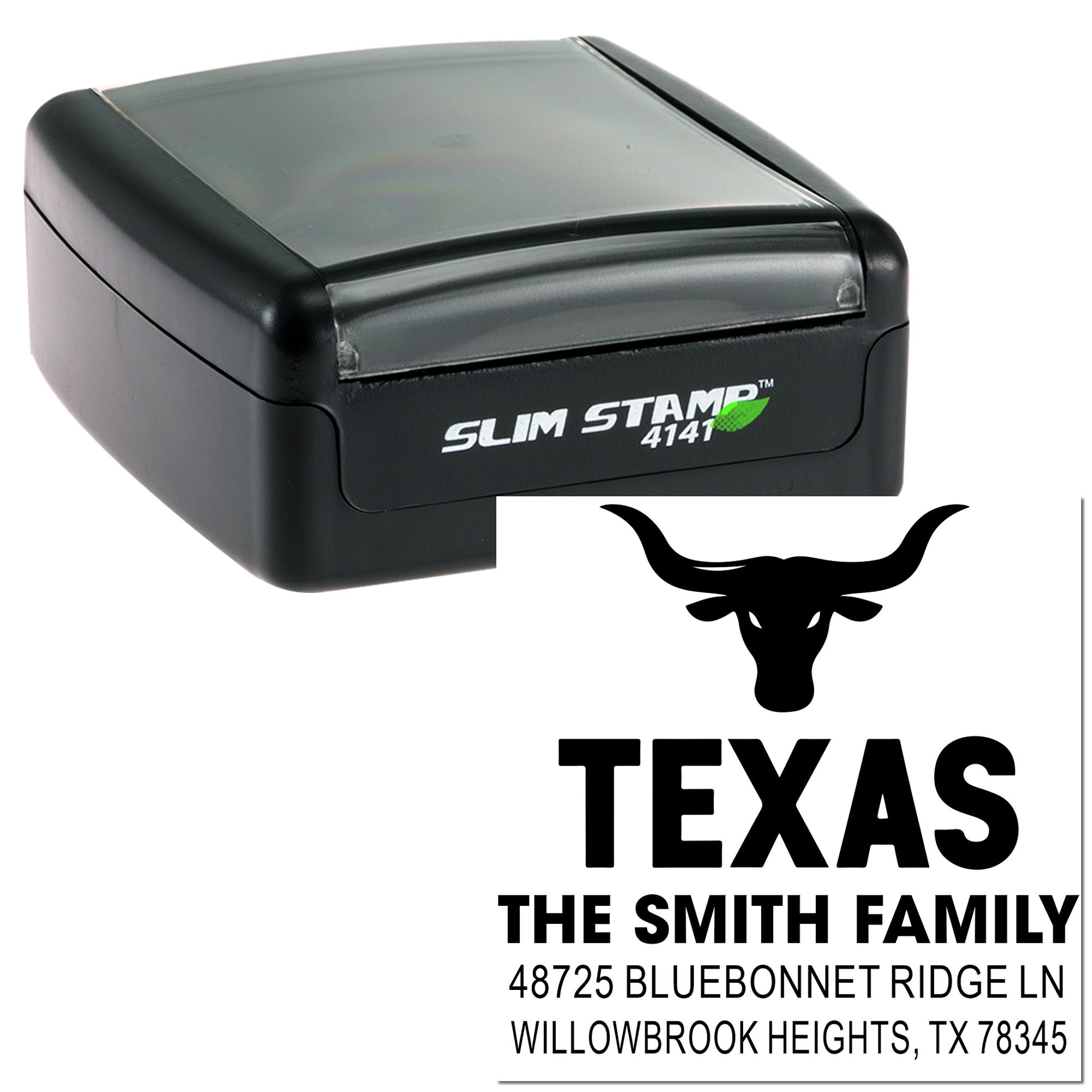 Slim Stamp 4141 custom Texas return address self-inking rubber stamp with longhorn design for The Smith Family