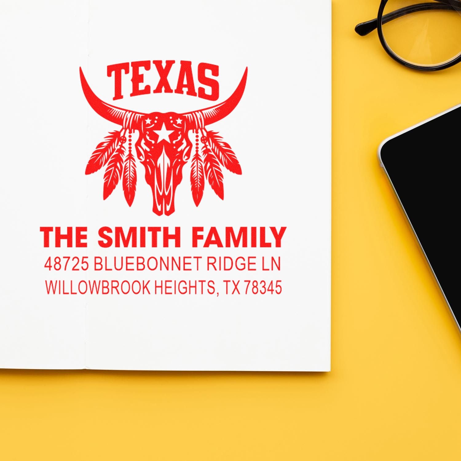 Custom Texas return address rubber stamp with longhorn skull design for The Smith Family, personalized home mailing stamp.