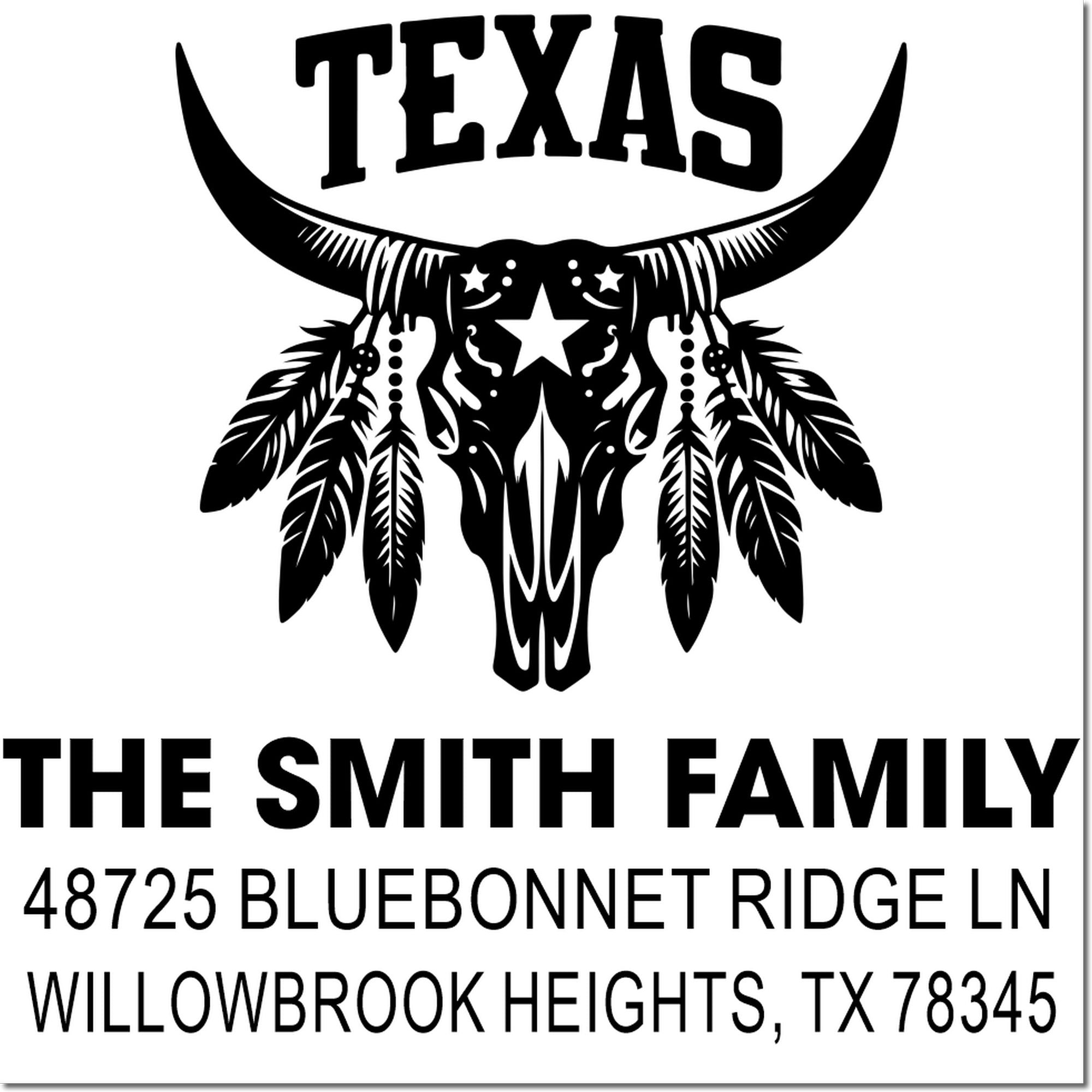 Texas longhorn family address rubber stamp with skull and feathers, personalized for The Smith Family in Willowbrook Heights, TX.