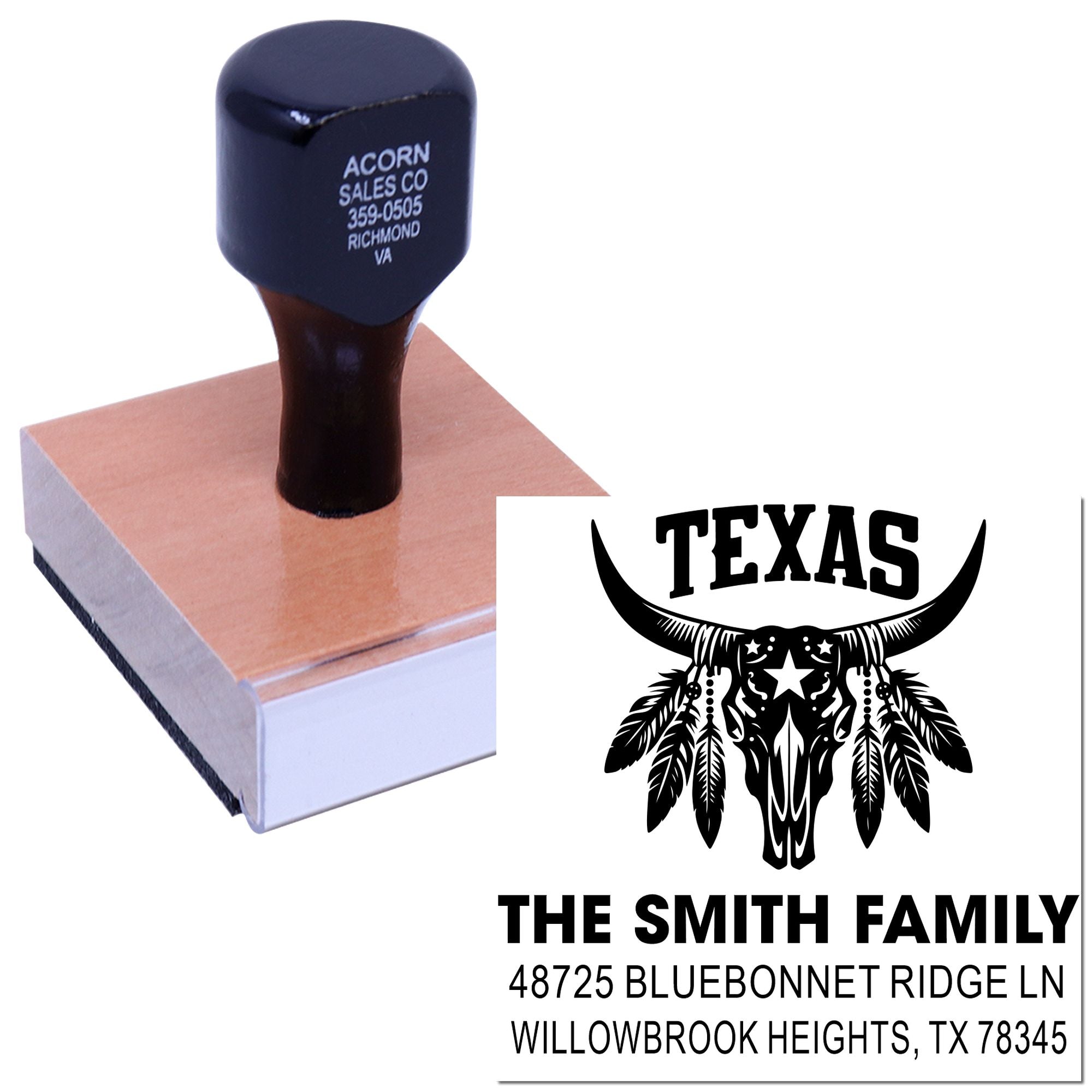 Custom Texas longhorn return address rubber stamp with family name and address, shown as a personalized stamp design.