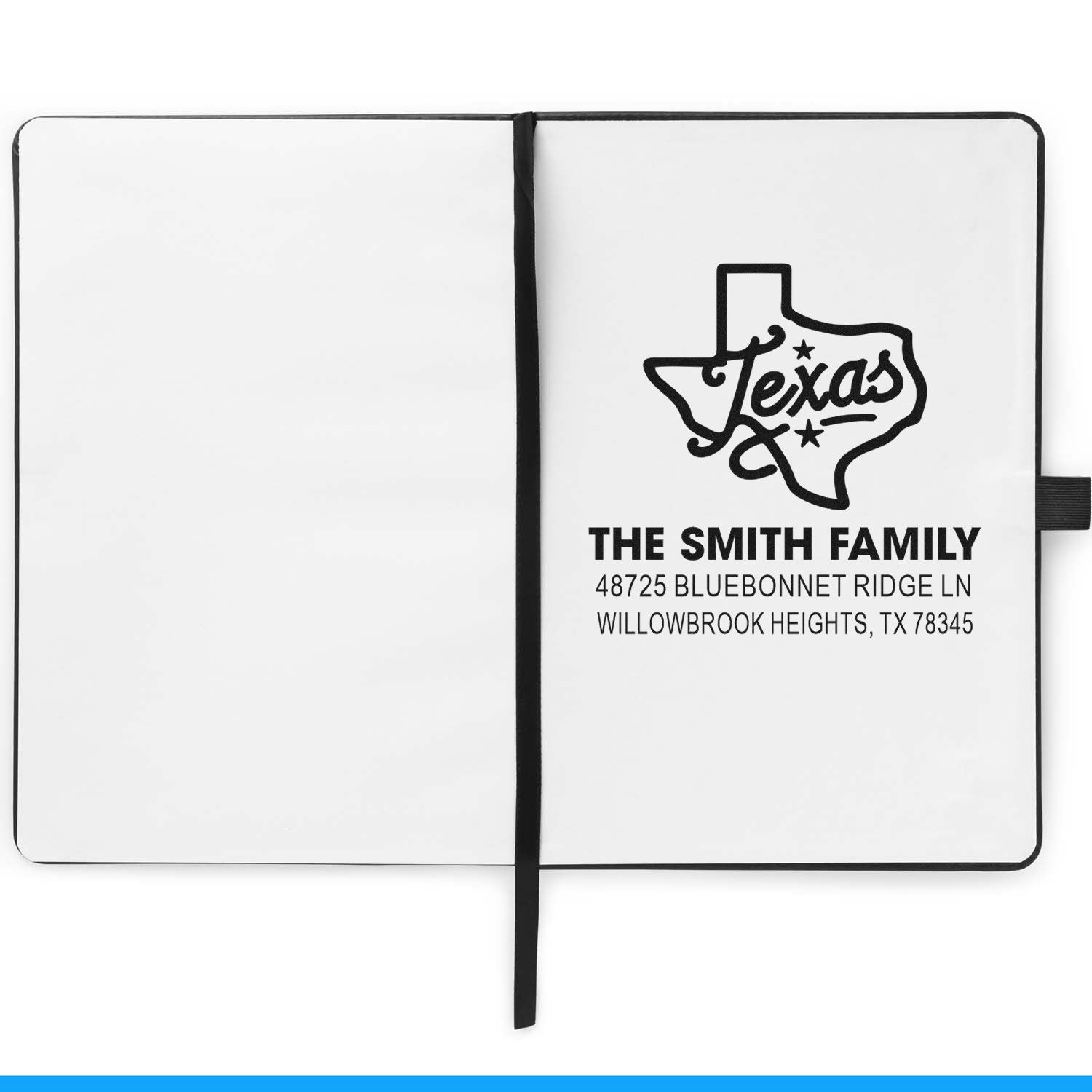 Personalized Texas address rubber stamp for The Smith Family with custom home address and state outline design.