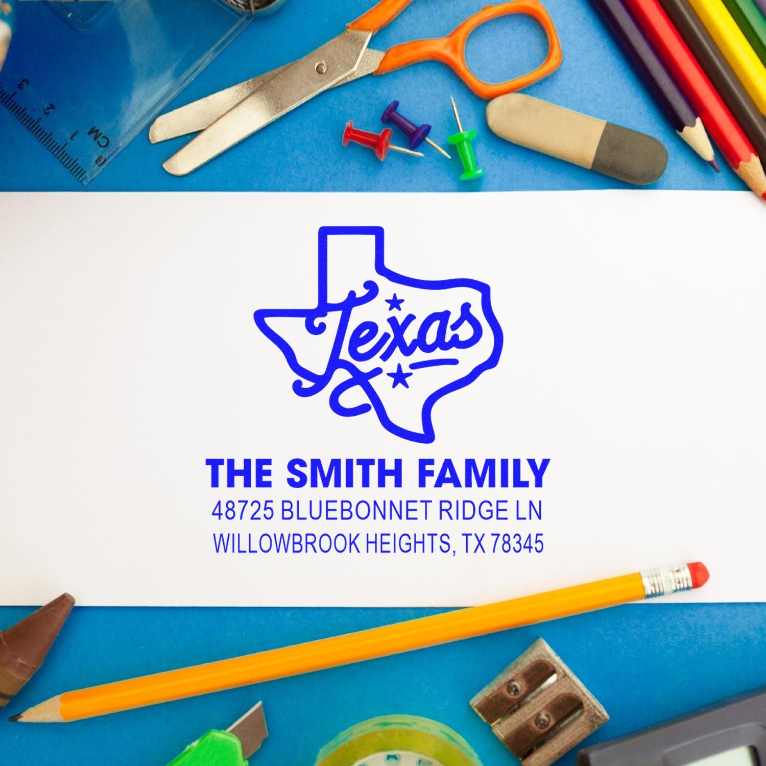 Custom Texas family return address rubber stamp for envelopes with name and address, ideal for personalized mail.