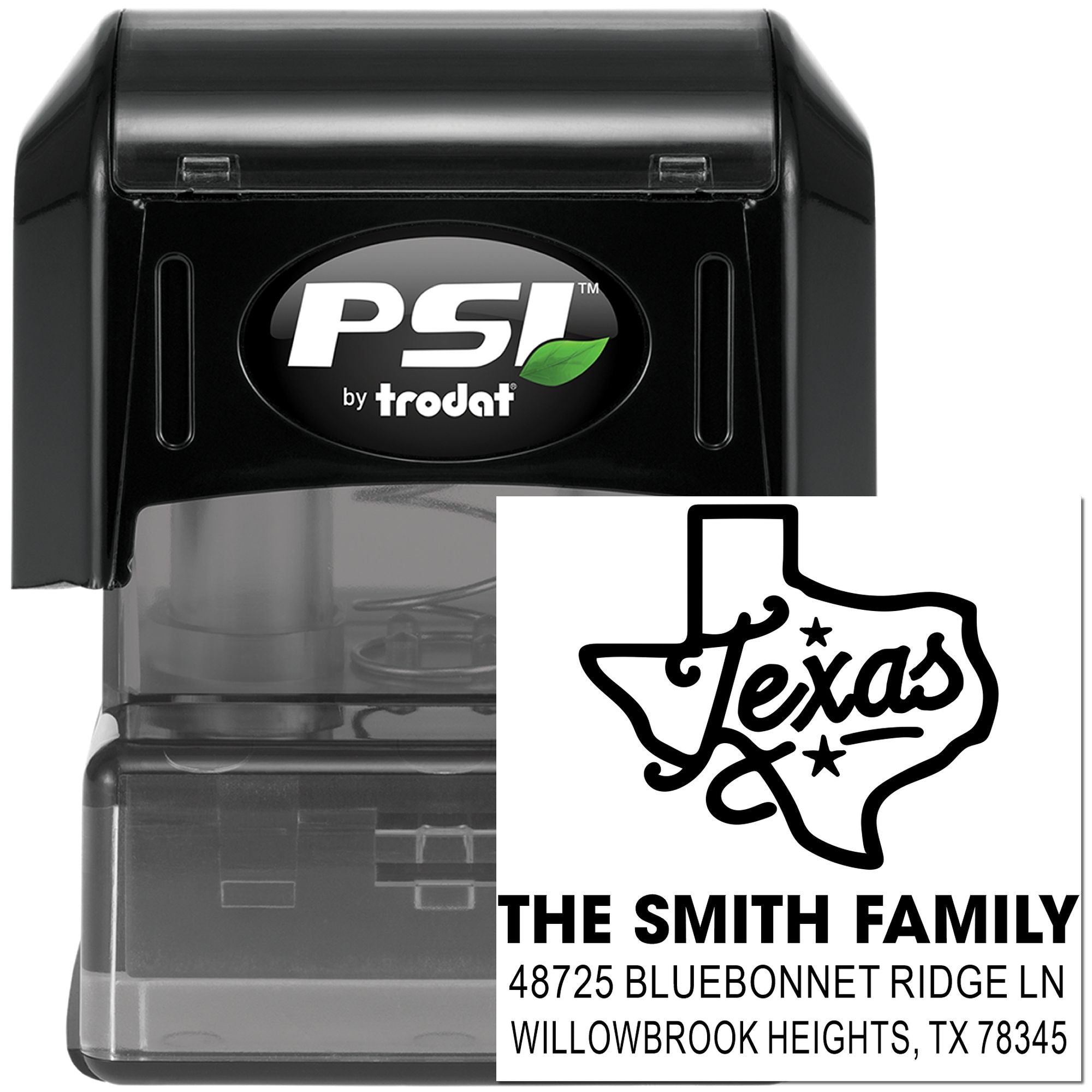 Custom self-inking address stamp with Texas outline, Smith family name, and Willowbrook Heights, TX return address by PSI Trodat
