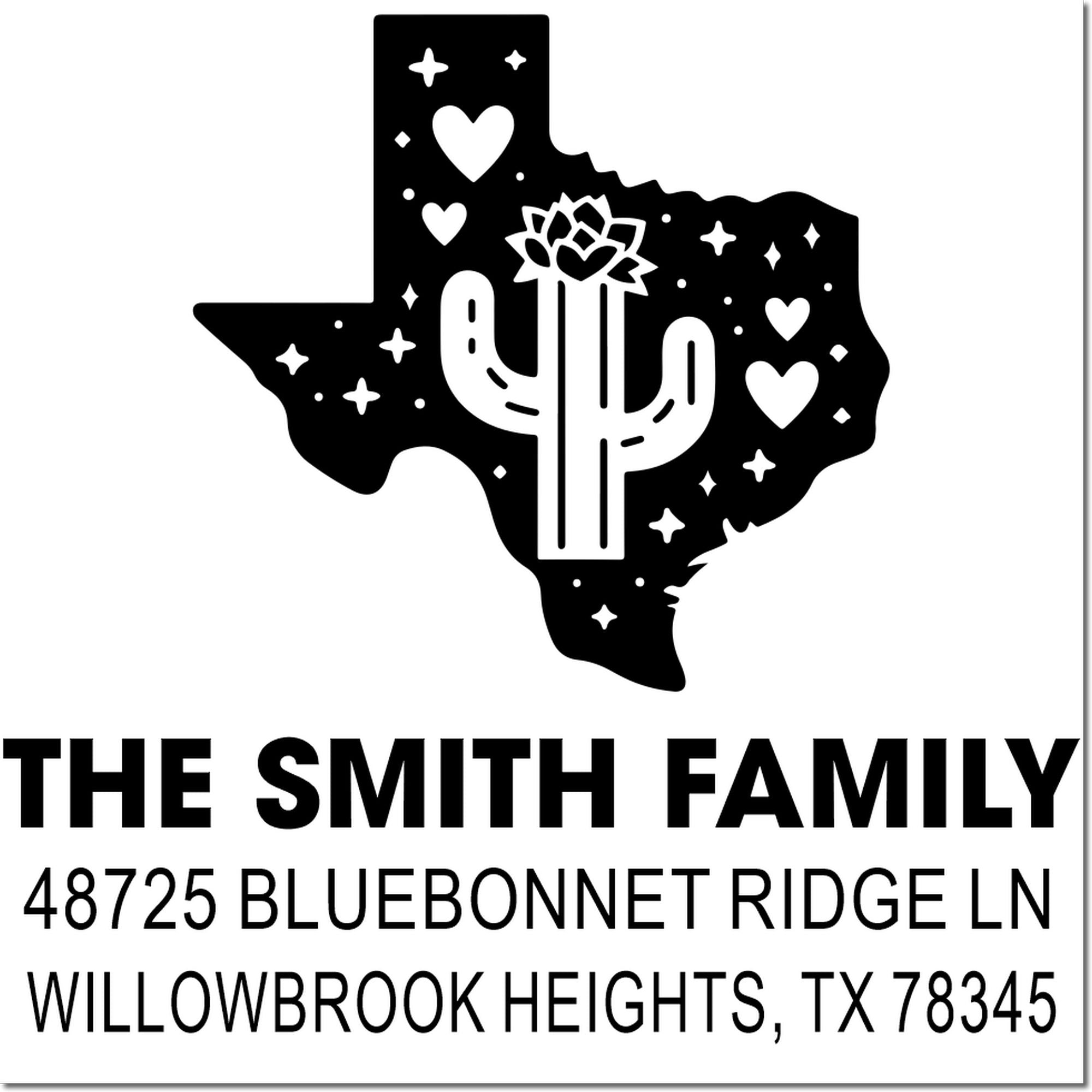 Custom Texas address rubber stamp for The Smith Family, 48725 Bluebonnet Ridge Ln, Willowbrook Heights, TX 78345.