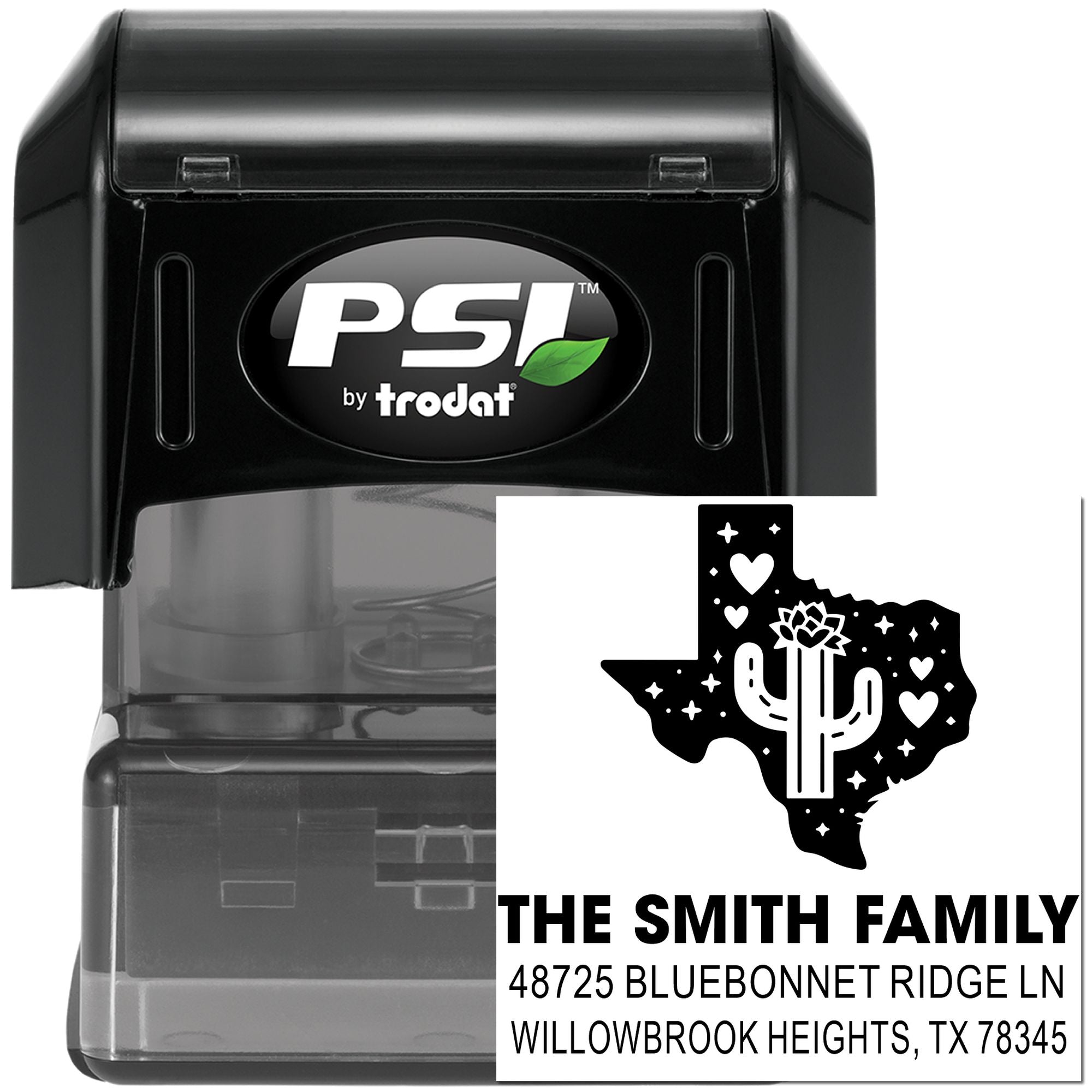 PSI by Trodat custom Texas family address rubber stamp with cactus design and return address impression