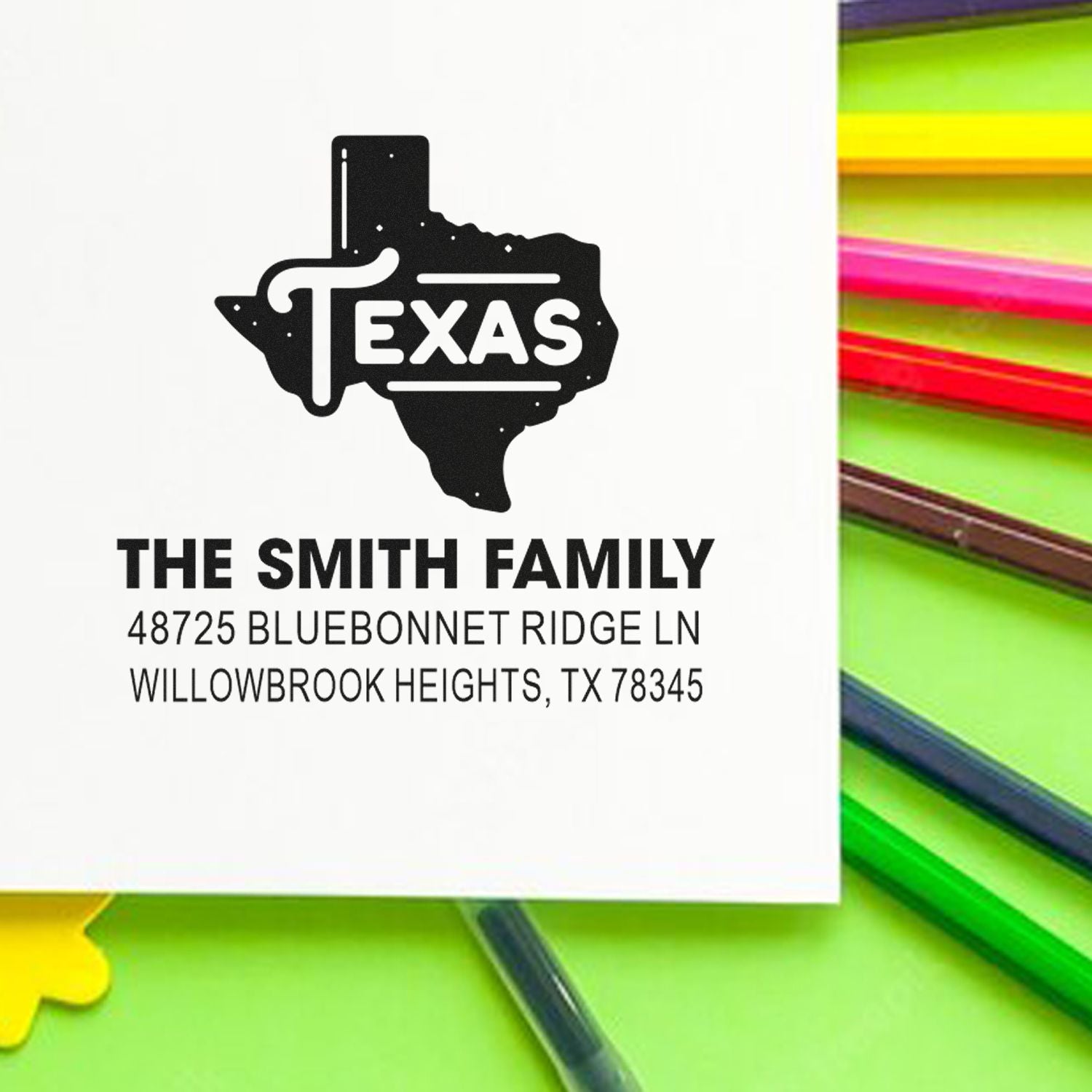 Custom Texas address rubber stamp for The Smith Family with return address in Willowbrook Heights, TX.