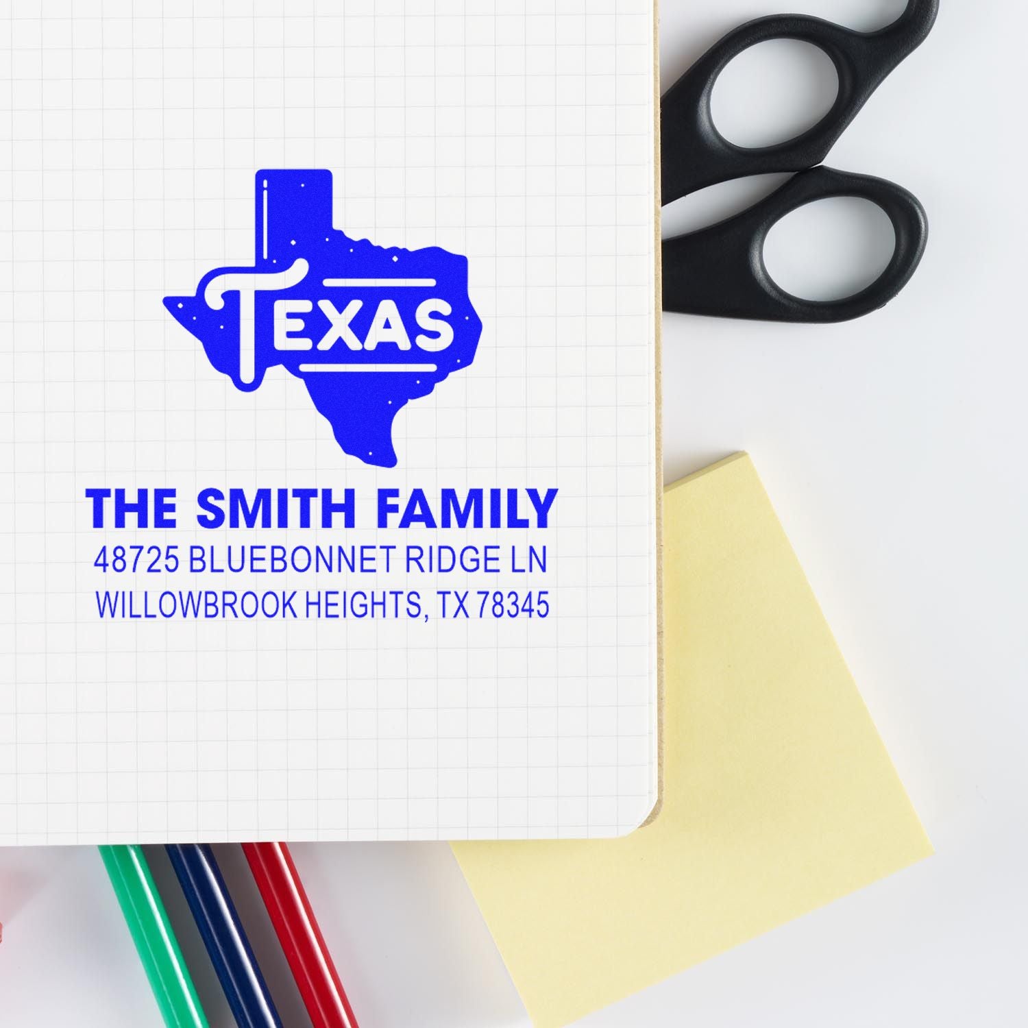 Custom Texas address rubber stamp for The Smith Family with name and Willowbrook Heights, TX return address.