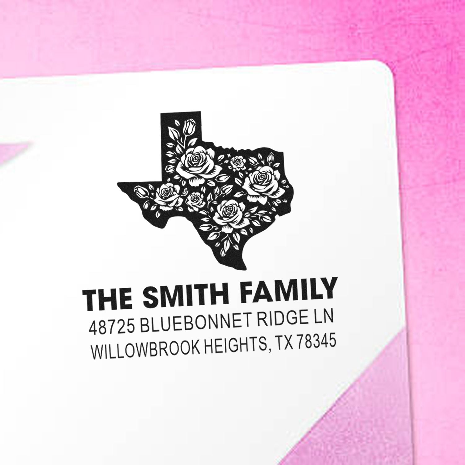 Personalized Texas floral return address rubber stamp for The Smith Family, with state silhouette and address.