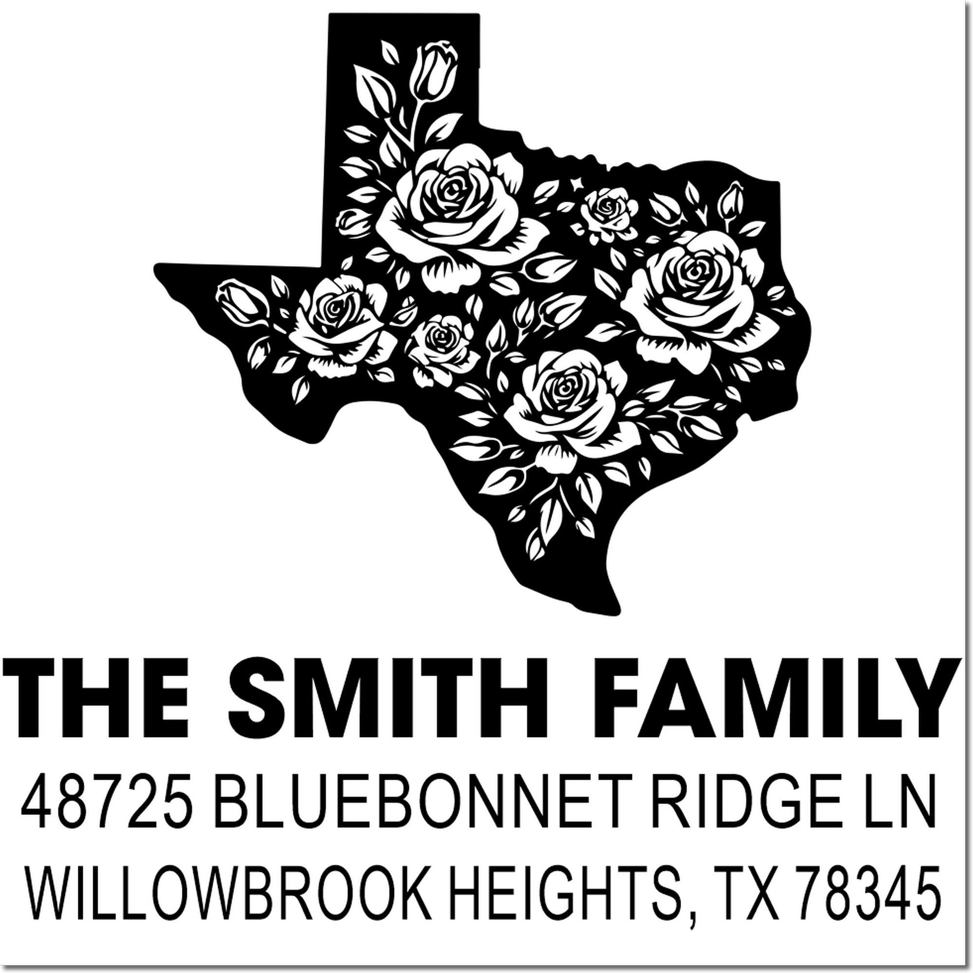 Custom Texas address rubber stamp with floral state design for The Smith Family, 48725 Bluebonnet Ridge Ln, Willowbrook Heights, TX 78345.